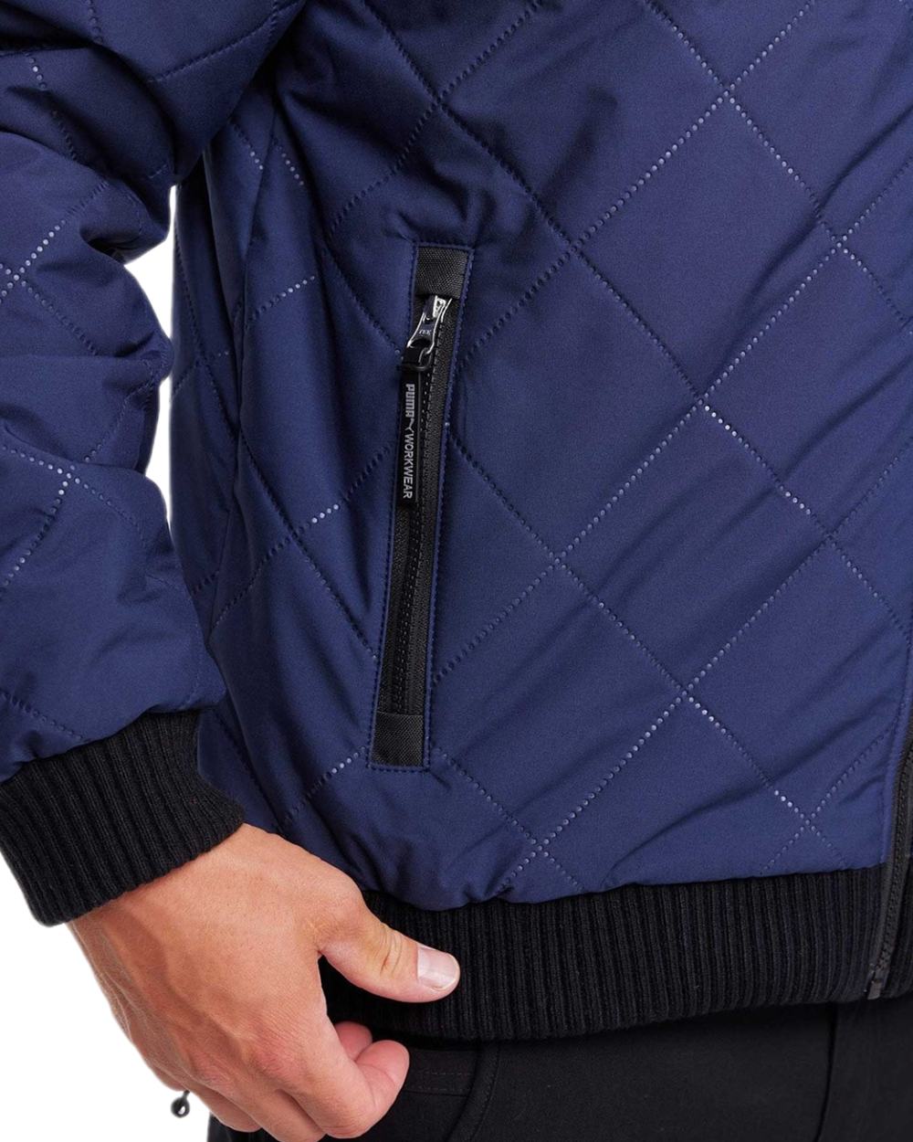 Navy Coloured Puma Workwear Mens Essentials Hooded Winter Work Jacket on white background