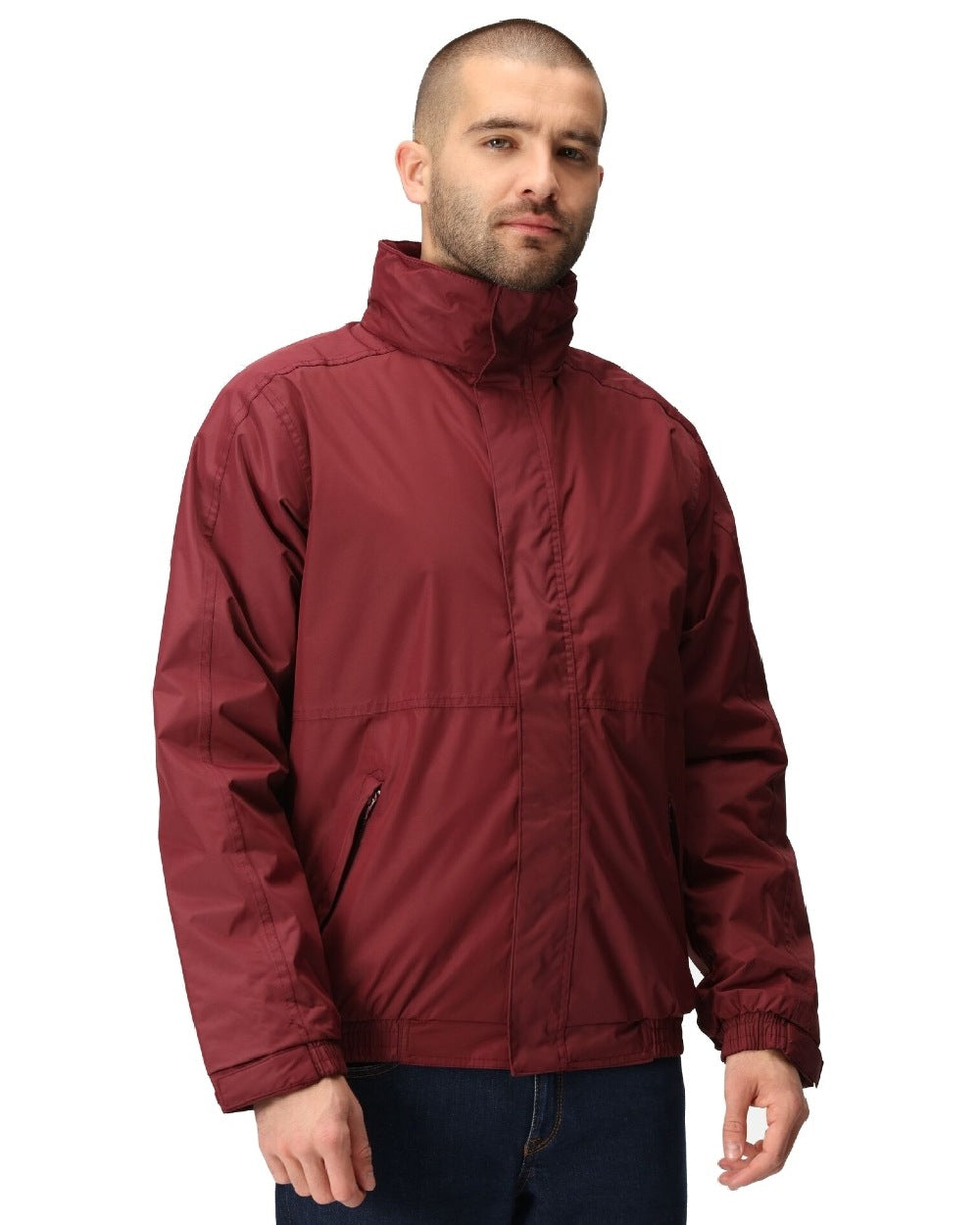 Burgundy coloured Regatta Dover Fleece Lined Bomber Jacket on white background