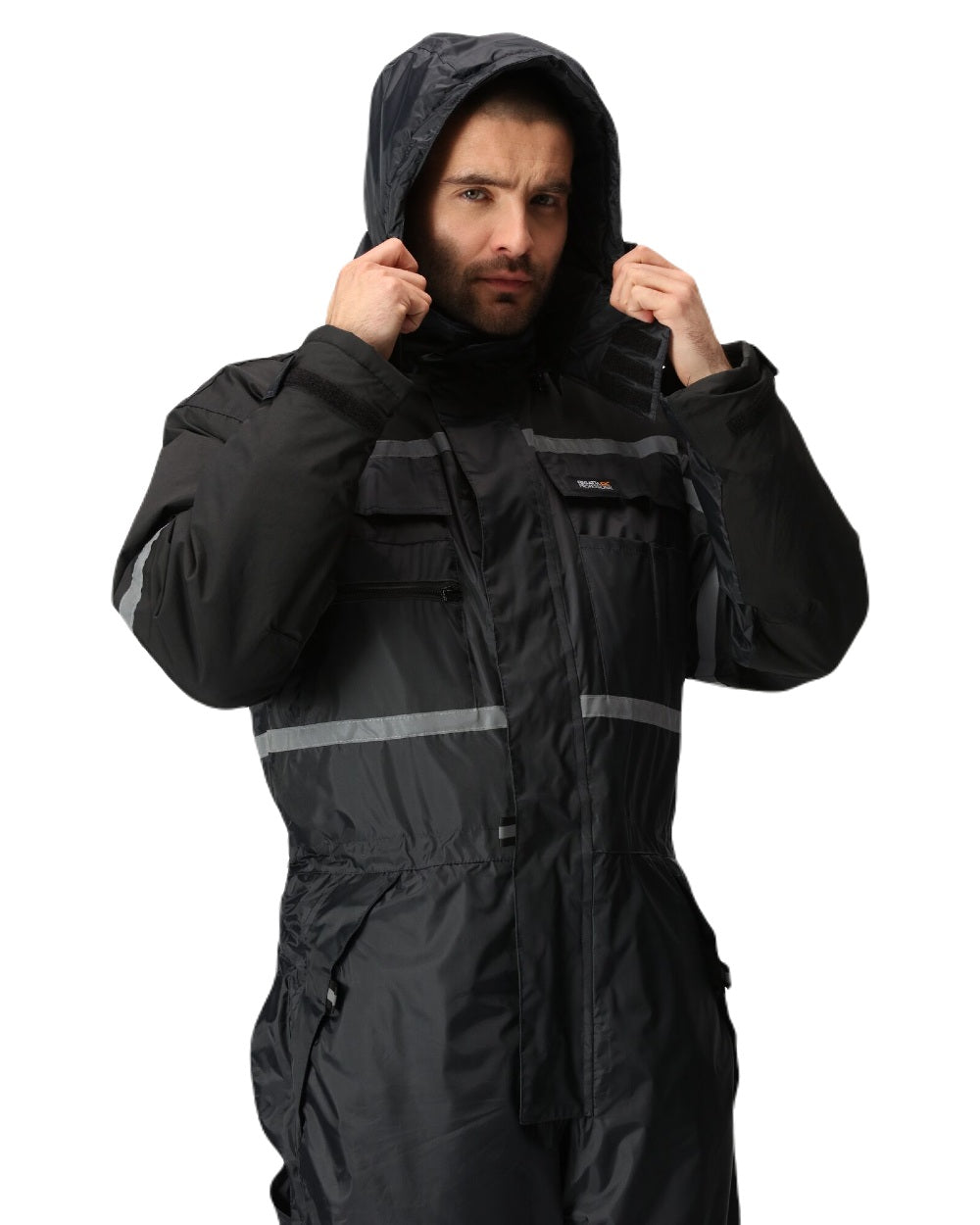 Black coloured Regatta Pro Waterproof Insulated Coverall on white background