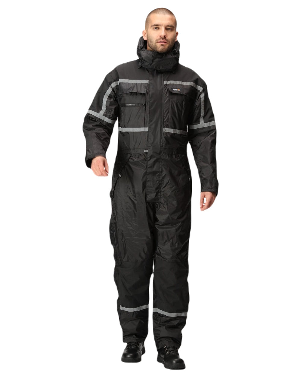 Black coloured Regatta Pro Waterproof Insulated Coverall on white background