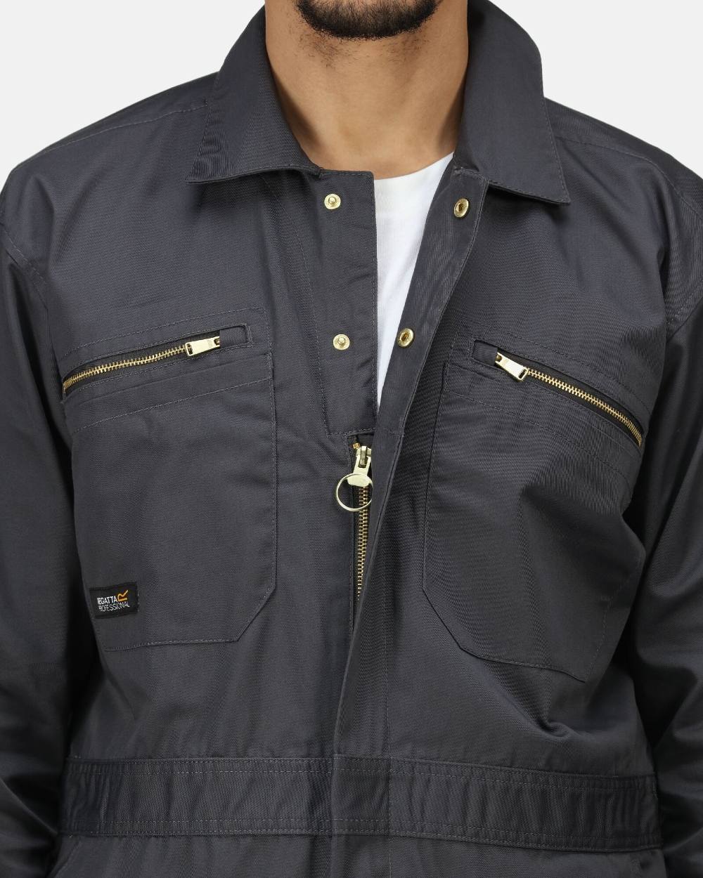 Seal Grey coloured Regatta Pro Zip Fasten Coverall on white background
