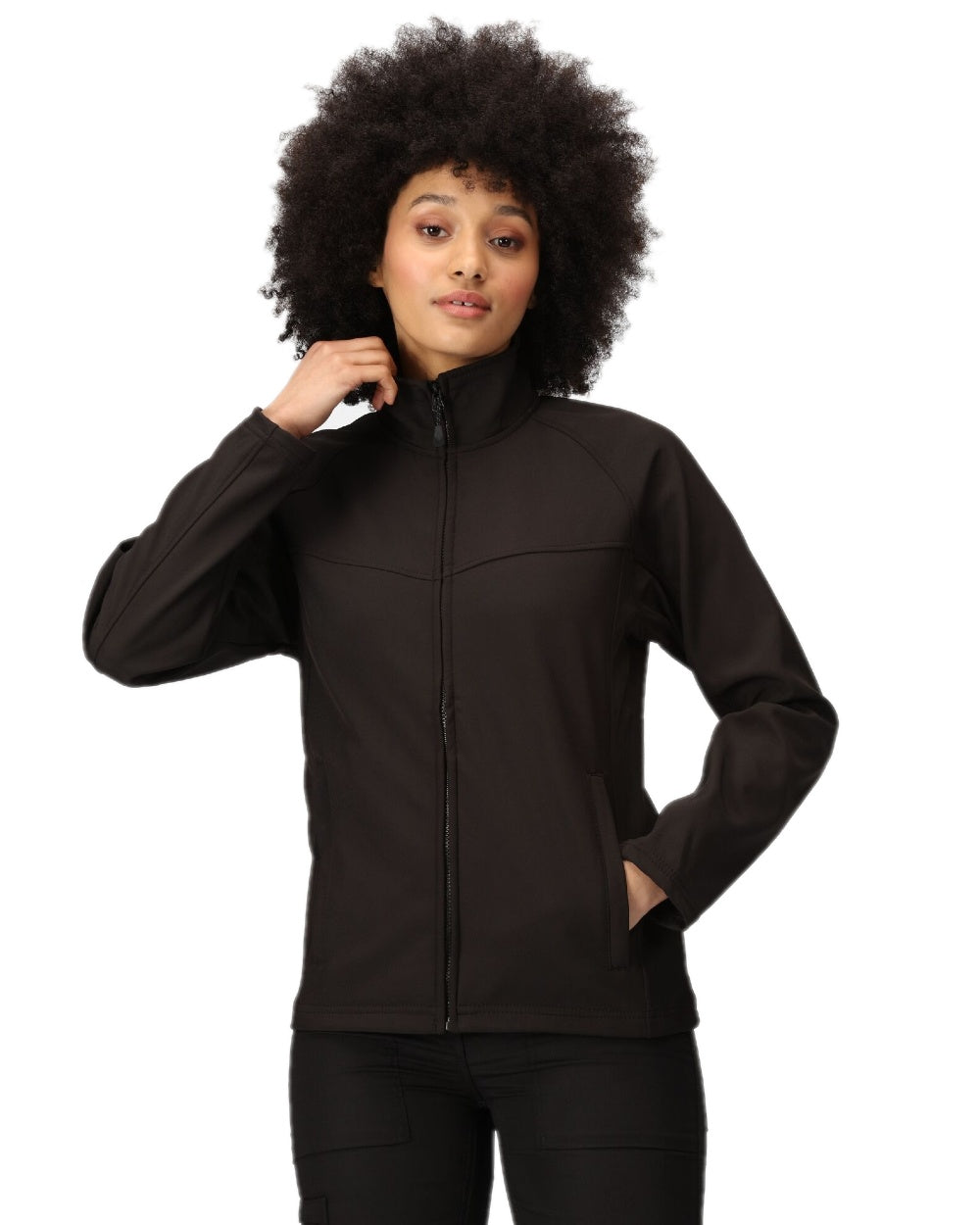 Black coloured Regatta Womens Uproar Softshell Jacket on white background