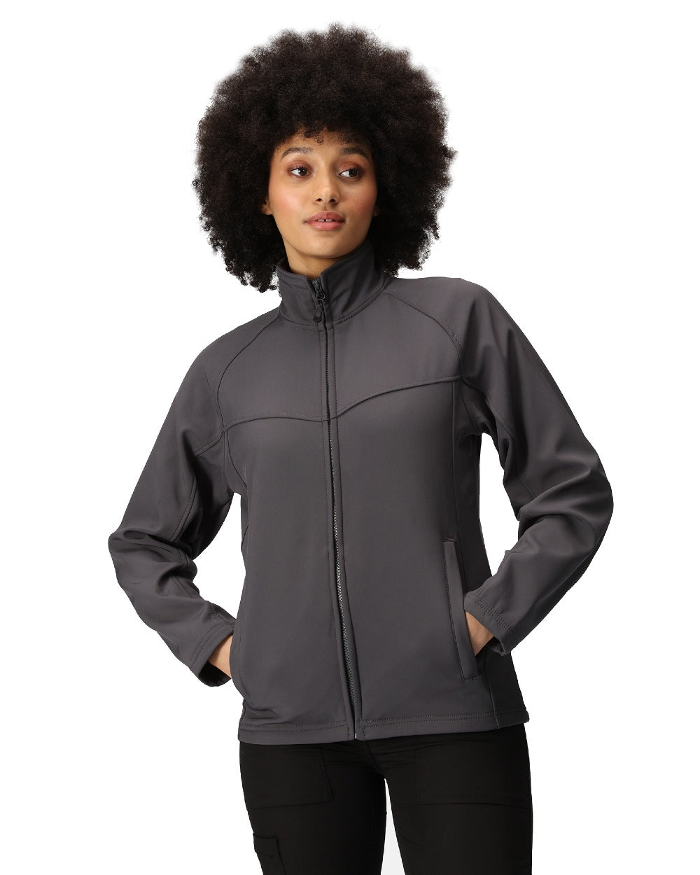 Seal Grey coloured Regatta Womens Uproar Softshell Jacket on white background