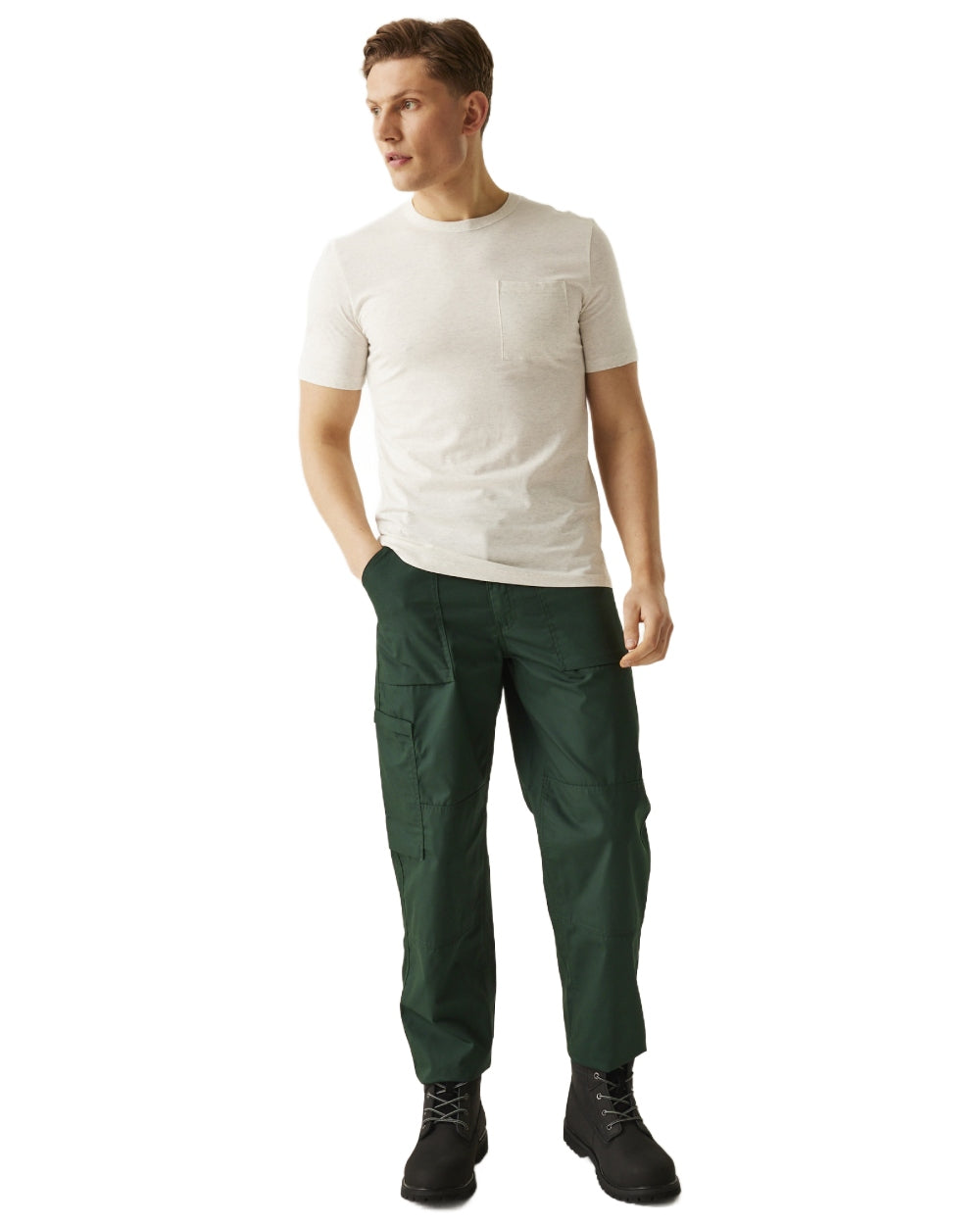 Green coloured Regatta Mens Multi Pocket Action Trousers Short Leg on white background