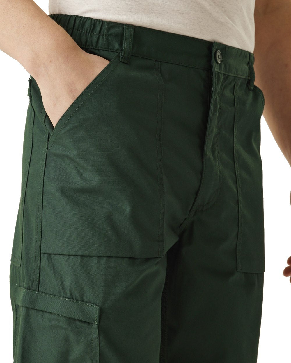 Green coloured Regatta Mens Multi Pocket Action Trousers Short Leg on white background