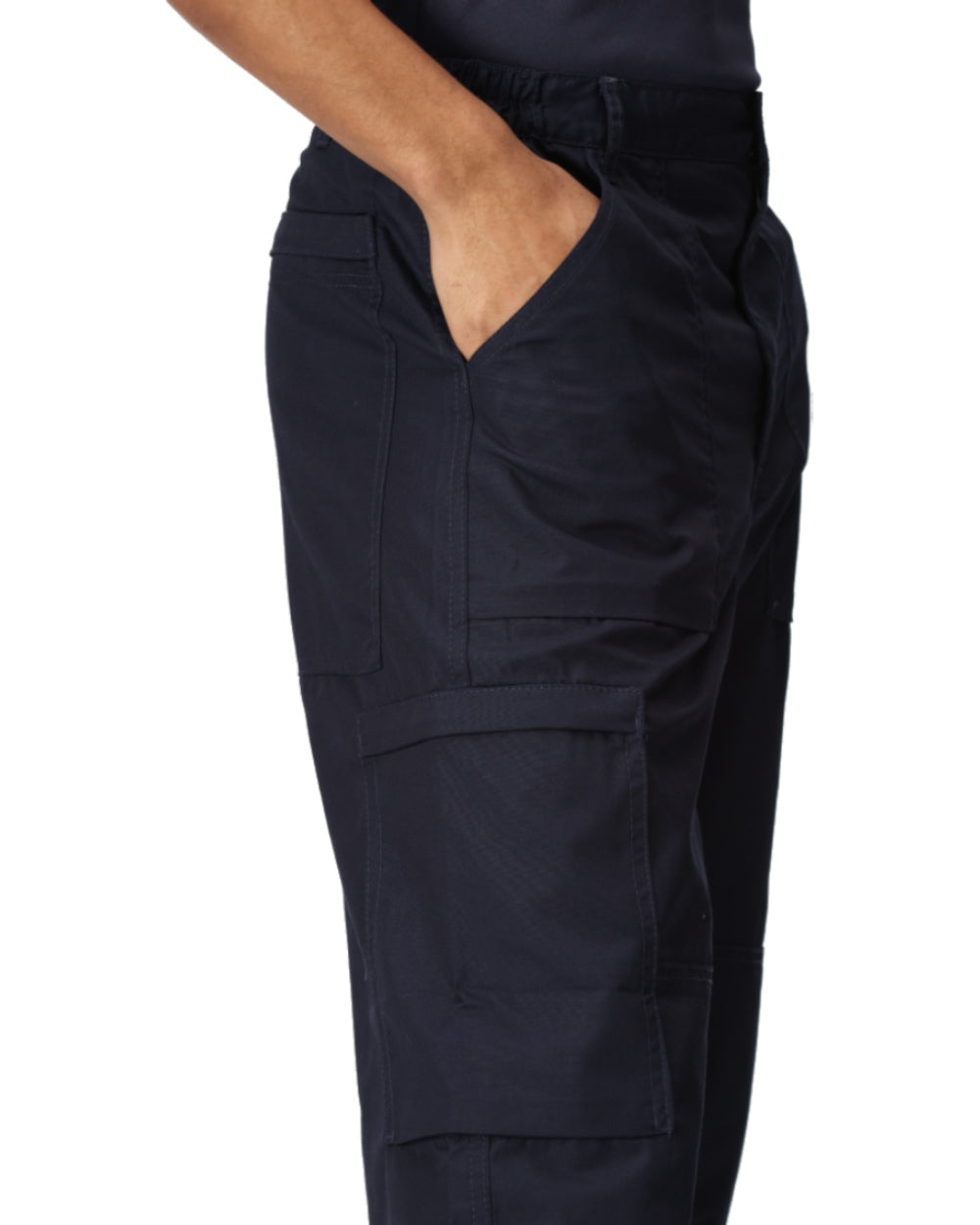 Navy coloured Regatta Mens Multi Pocket Action Trousers Short Leg on white background