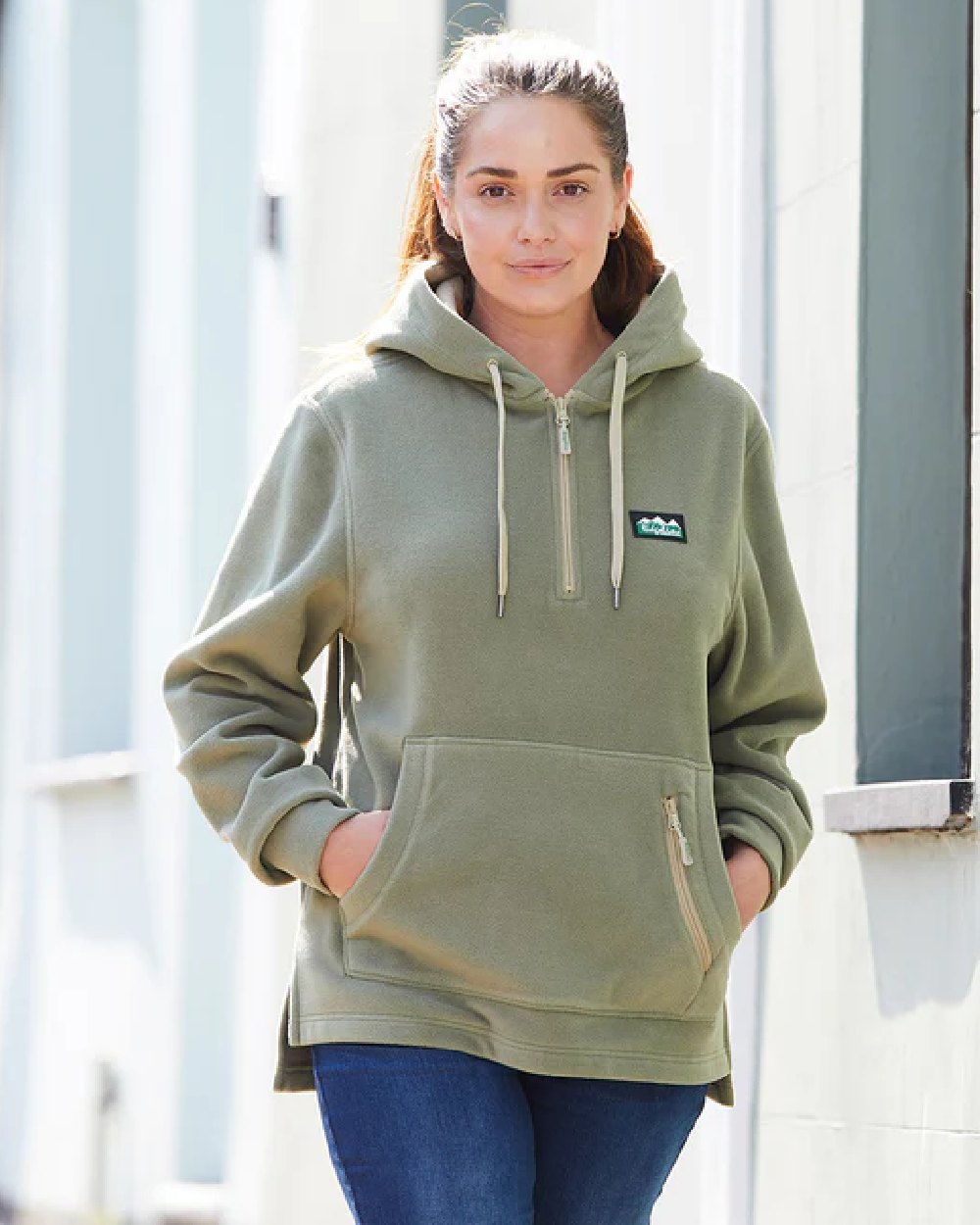 Khaki Green Coloured Ridgeline Ladies Ballistic Hoodie on outdoor background