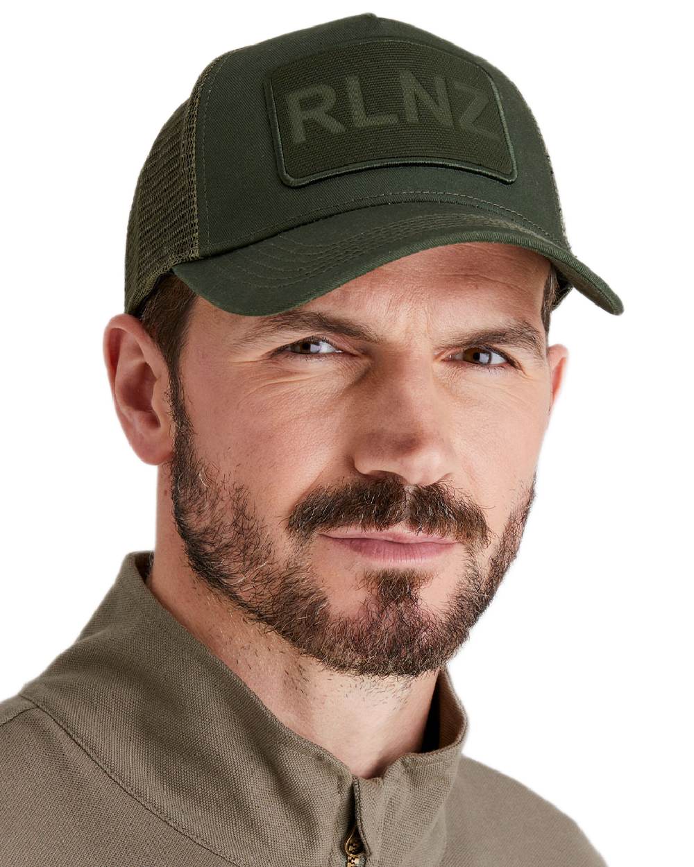 Olive Coloured Ridgeline RLNZ Trucker Cap on white background