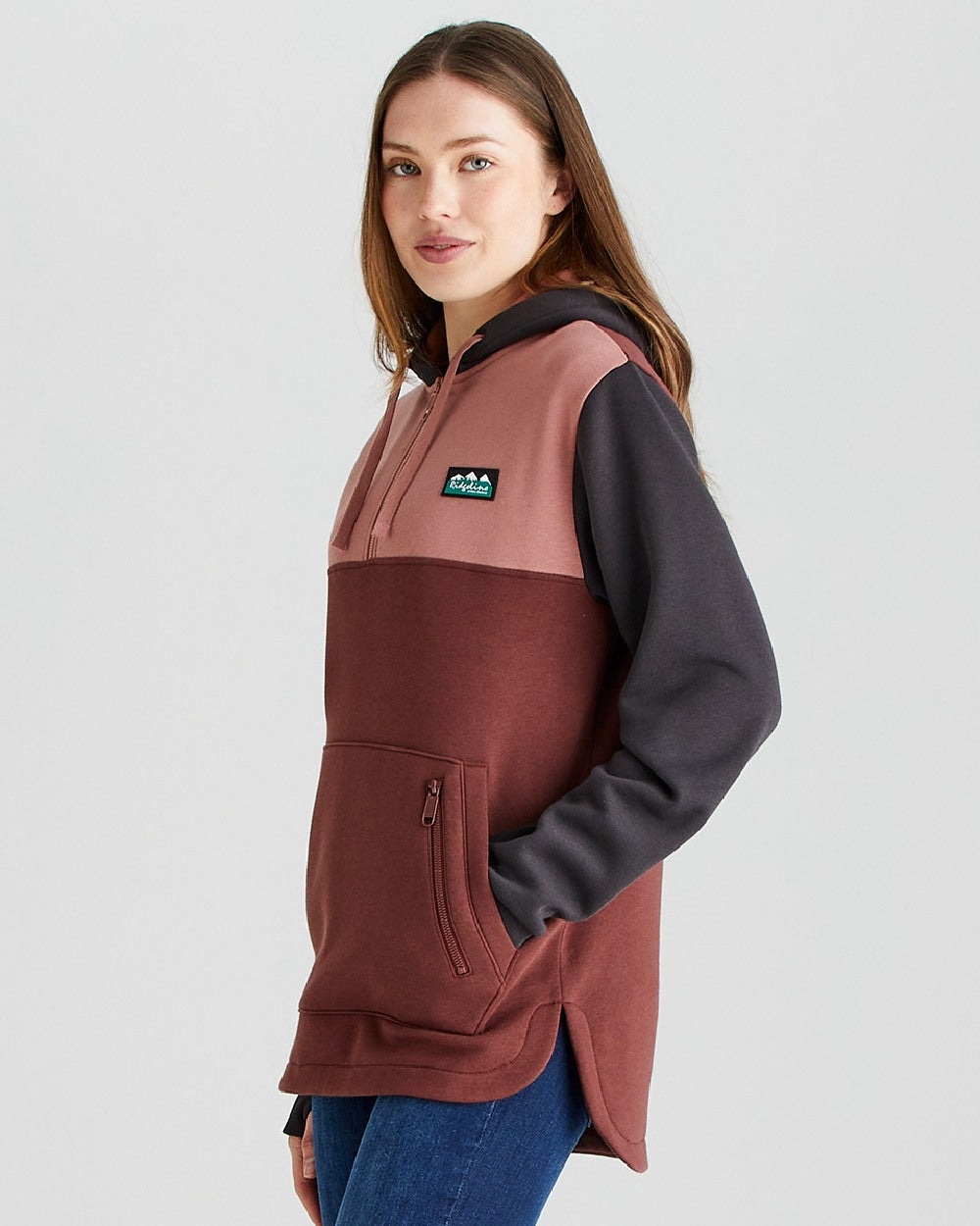 Oxblood coloured Ridgeline Womens Tribe Hoodie on grey background