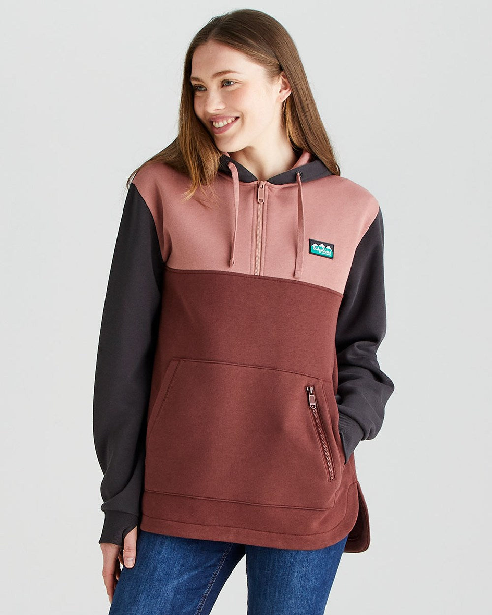 Oxblood coloured Ridgeline Womens Tribe Hoodie on grey background