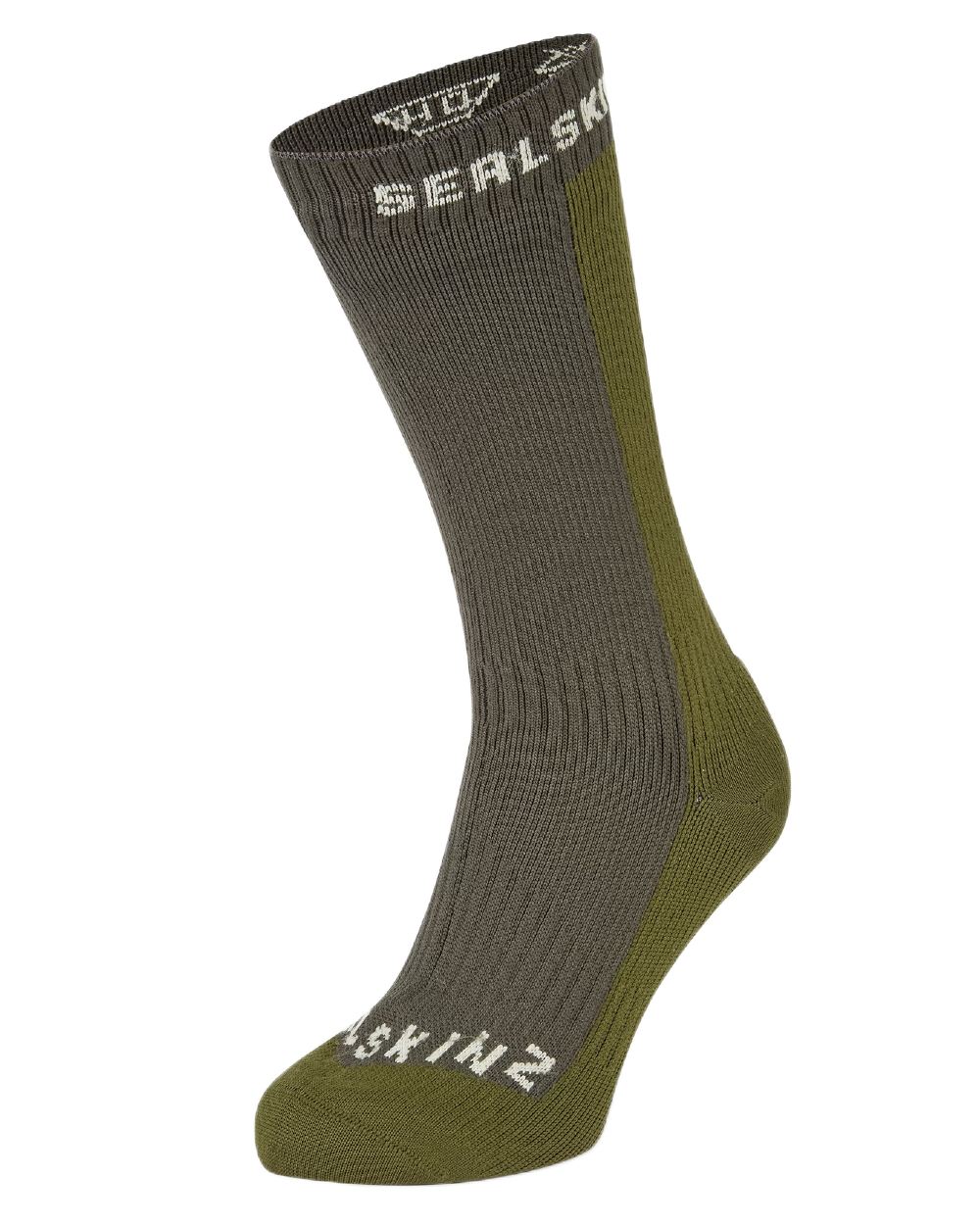 Olive Coloured Sealskinz Starston Waterproof Cold Weather Mid Length Sock on white background