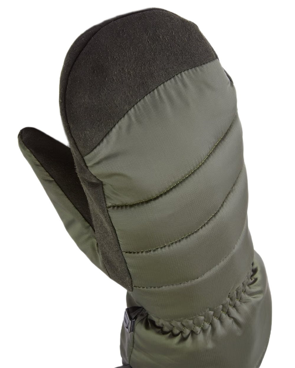 Olive Coloured Sealskinz Titchwell Waterproof Lightweight Insulated Gauntlet Mitten on white background