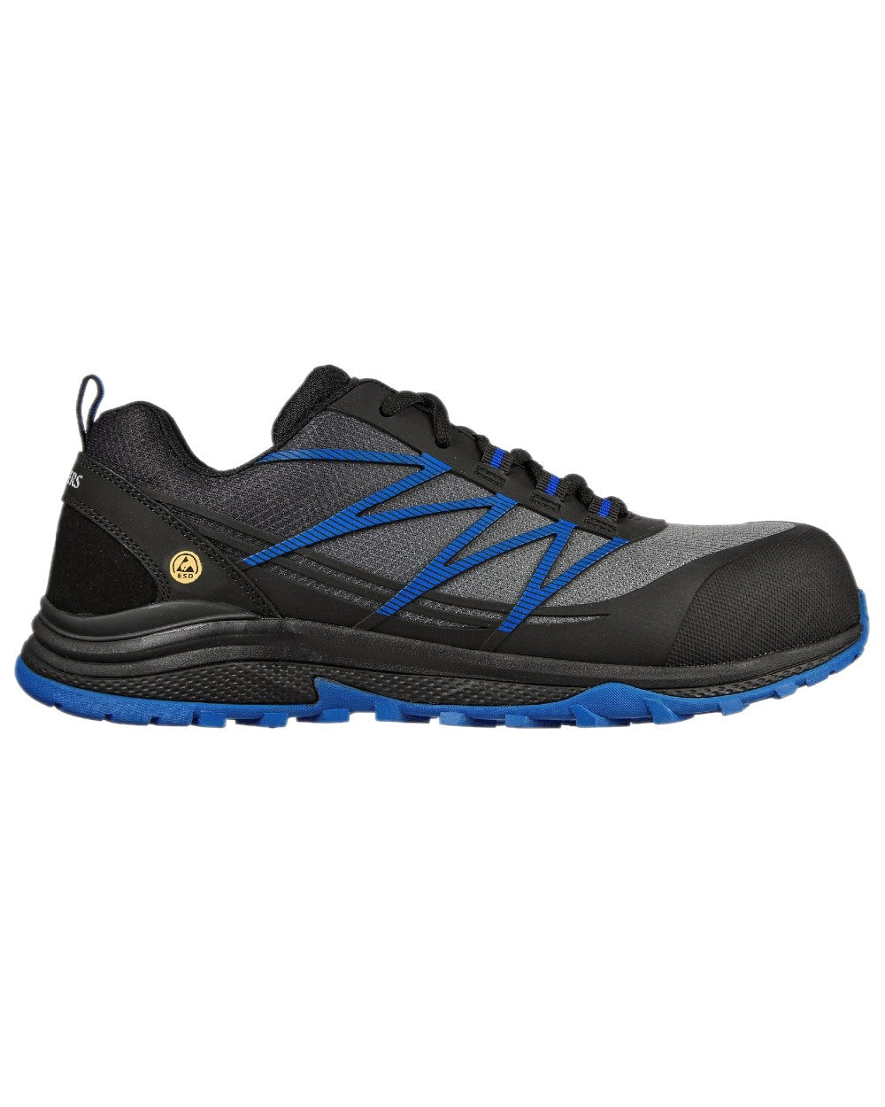 Black Blue Coloured Skechers Workwear Mens Puxal Safety Trainers on white background