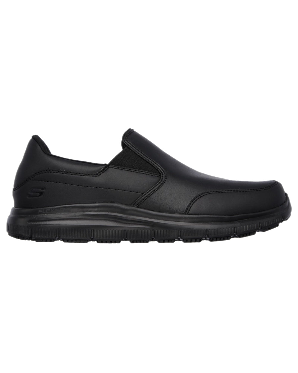Black Coloured Skechers Workwear Mens Slip-Resistant Flex Advantage Bronwood Shoes on white background