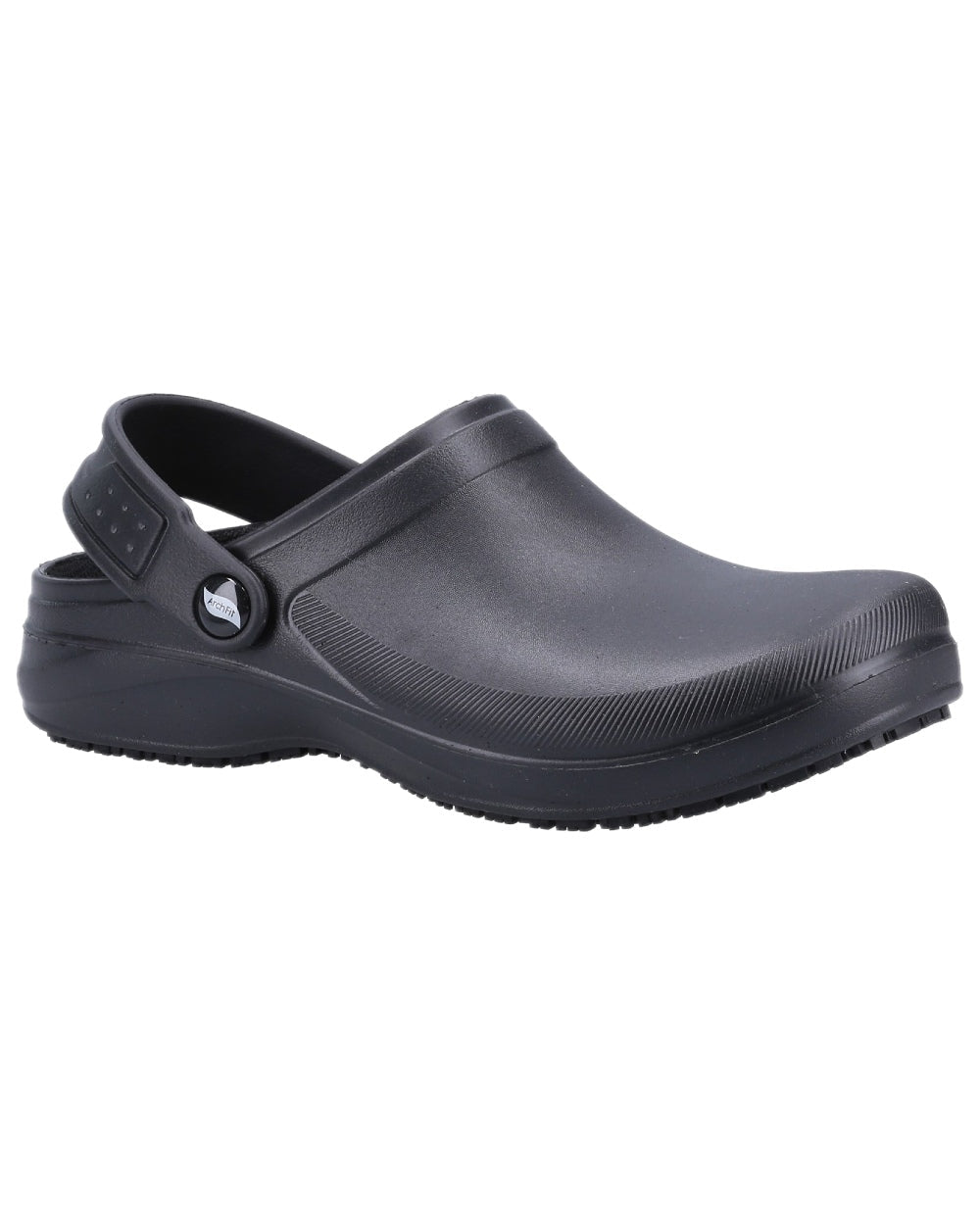 Black Coloured Skechers Workwear Womens Riverbound Pasay Clogs on white background