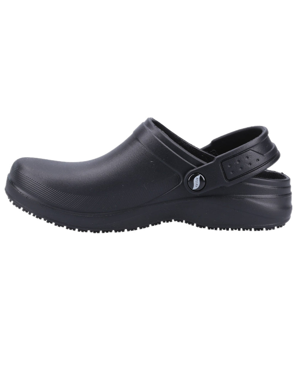 Black Coloured Skechers Workwear Womens Riverbound Pasay Clogs on white background