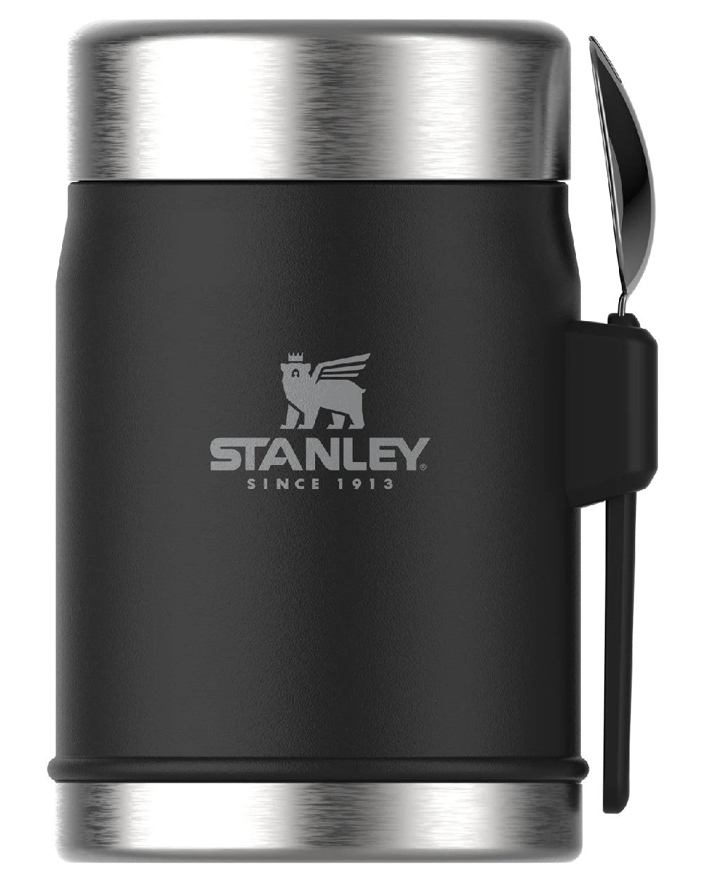 Matte Black Pebble coloured Stanley Classic Legendary Food Jar and Spork 0.4L on white background