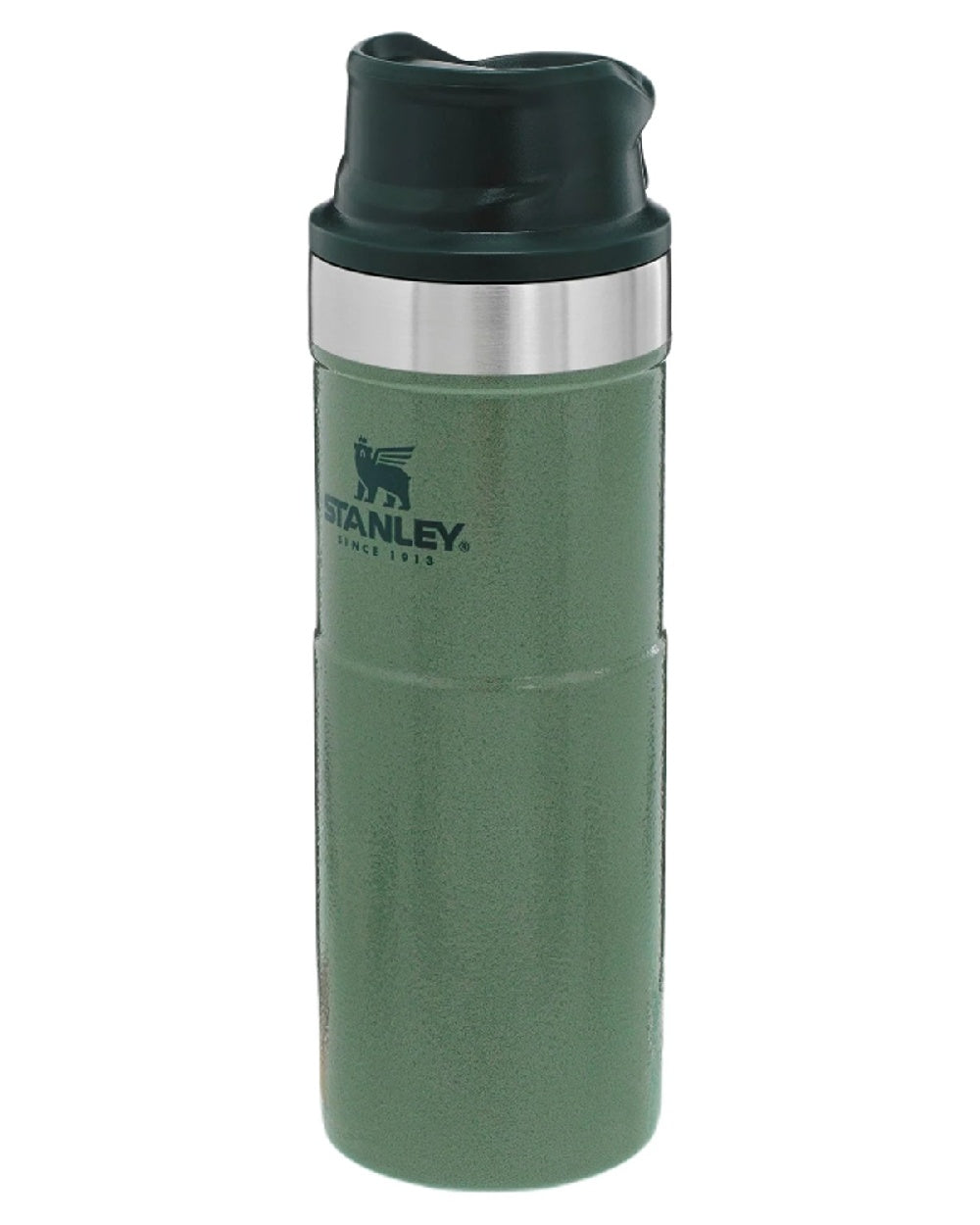 Hammertone Green coloured Stanley Classic Trigger Action Travel Mug 0.47L on white background