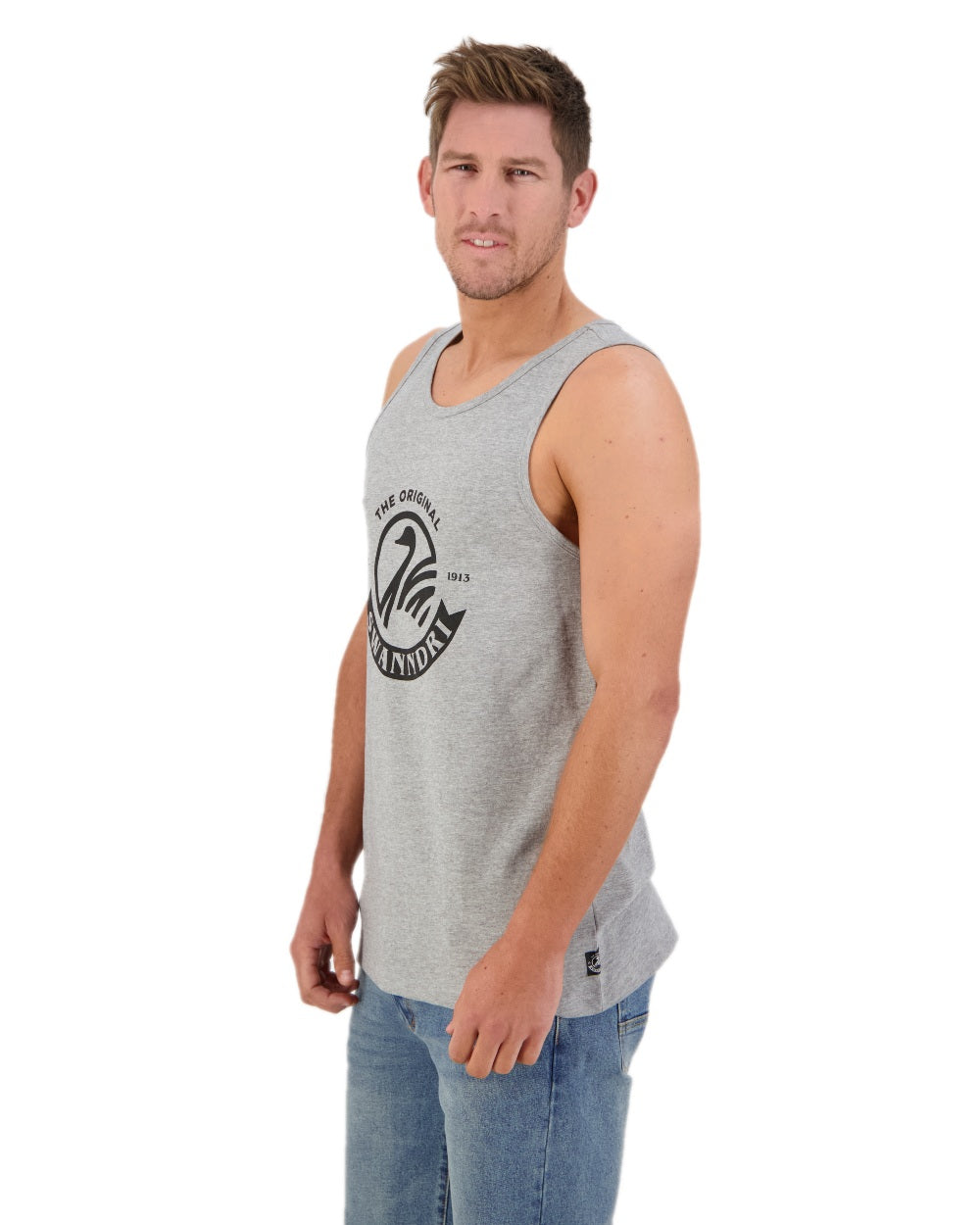 Grey Marle Black Coloured Swanndri Mens Classic Singlet on white background