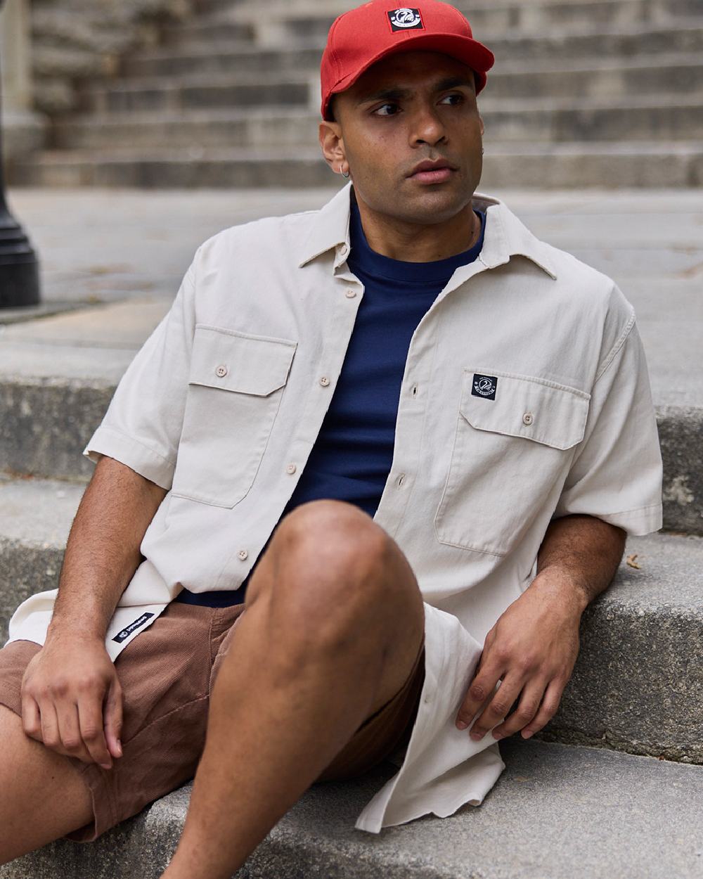 Light Taupe Coloured Swanndri Mens Fundamentals Short Sleeve Work Shirt on stair background