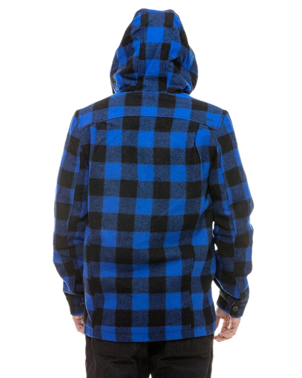 Blue Black Check Coloured Swanndri Mens Hudson Wool Hoodie on white background