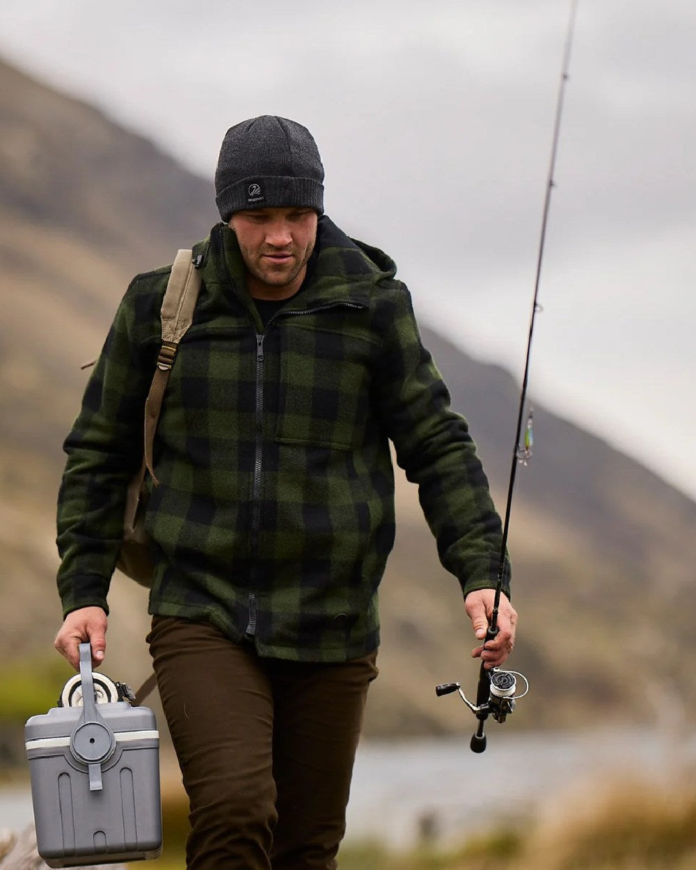 Olive Black Check Coloured Swanndri Mens Hudson Wool Hoodie on blurry background