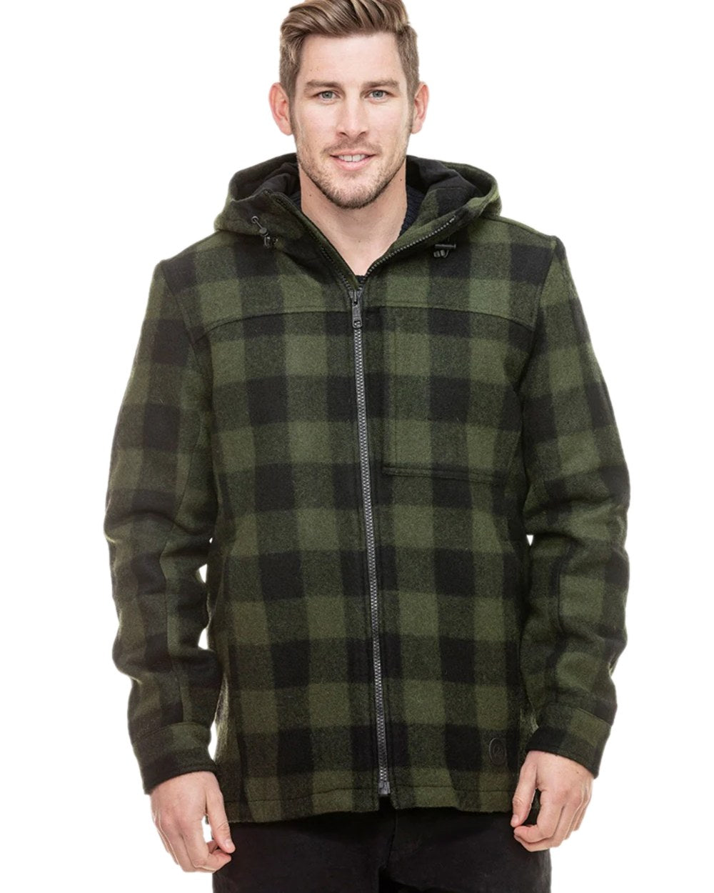 Olive Black Check Coloured Swanndri Mens Hudson Wool Hoodie on white background
