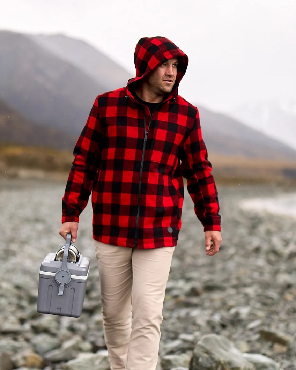 Red Black Check Coloured Swanndri Mens Hudson Wool Hoodie on mountain background