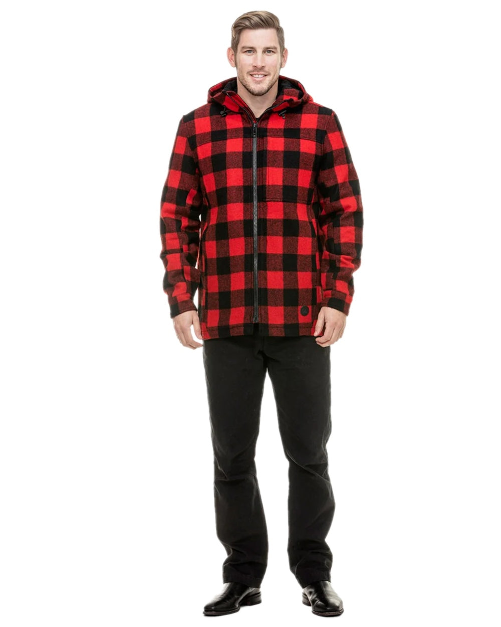 Red Black Check Coloured Swanndri Mens Hudson Wool Hoodie on white background