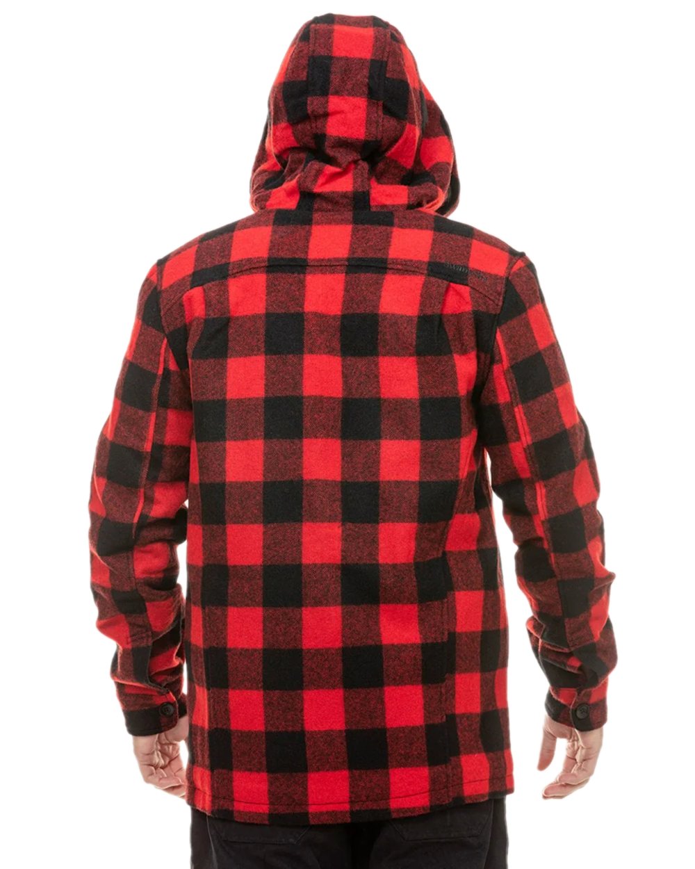 Red Black Check Coloured Swanndri Mens Hudson Wool Hoodie on white background