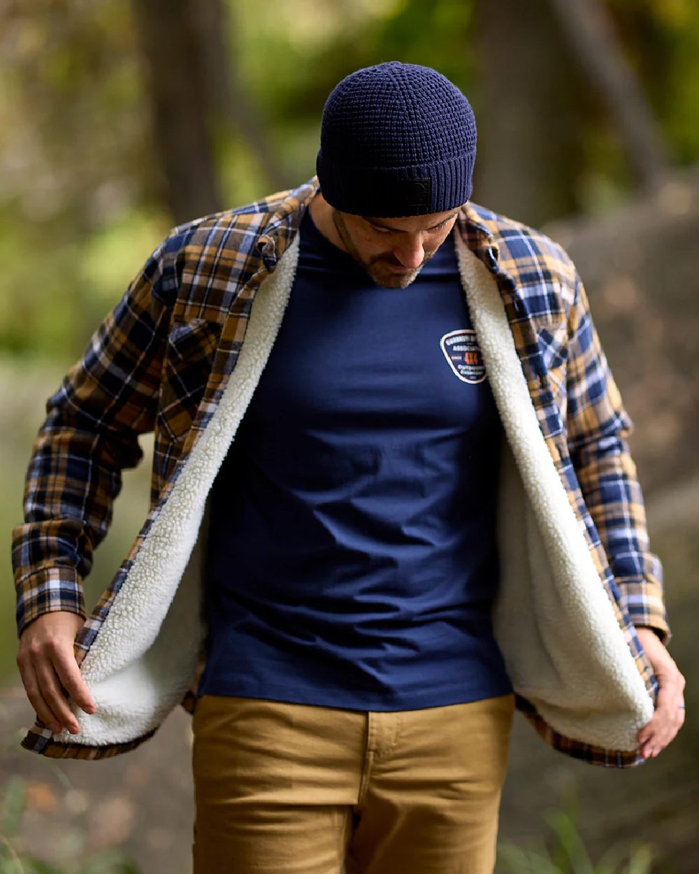 Navy Cashew Coloured Swanndri Mens Morven Sherpa Long Sleeve Shirt on outdoor background