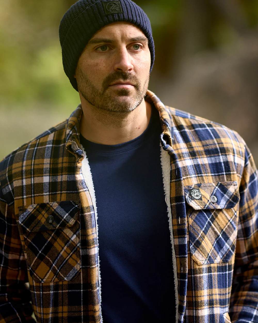 Navy Cashew Coloured Swanndri Mens Morven Sherpa Long Sleeve Shirt on outdoor background