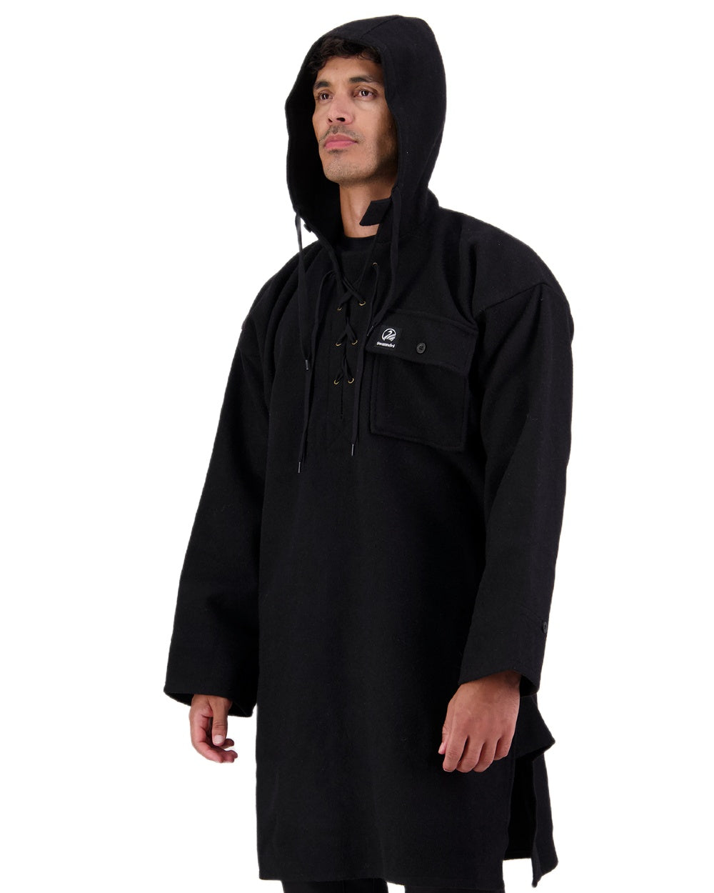 Black Coloured Swanndri Mens Original Wool Bushshirt With Lace-Up Front on white background