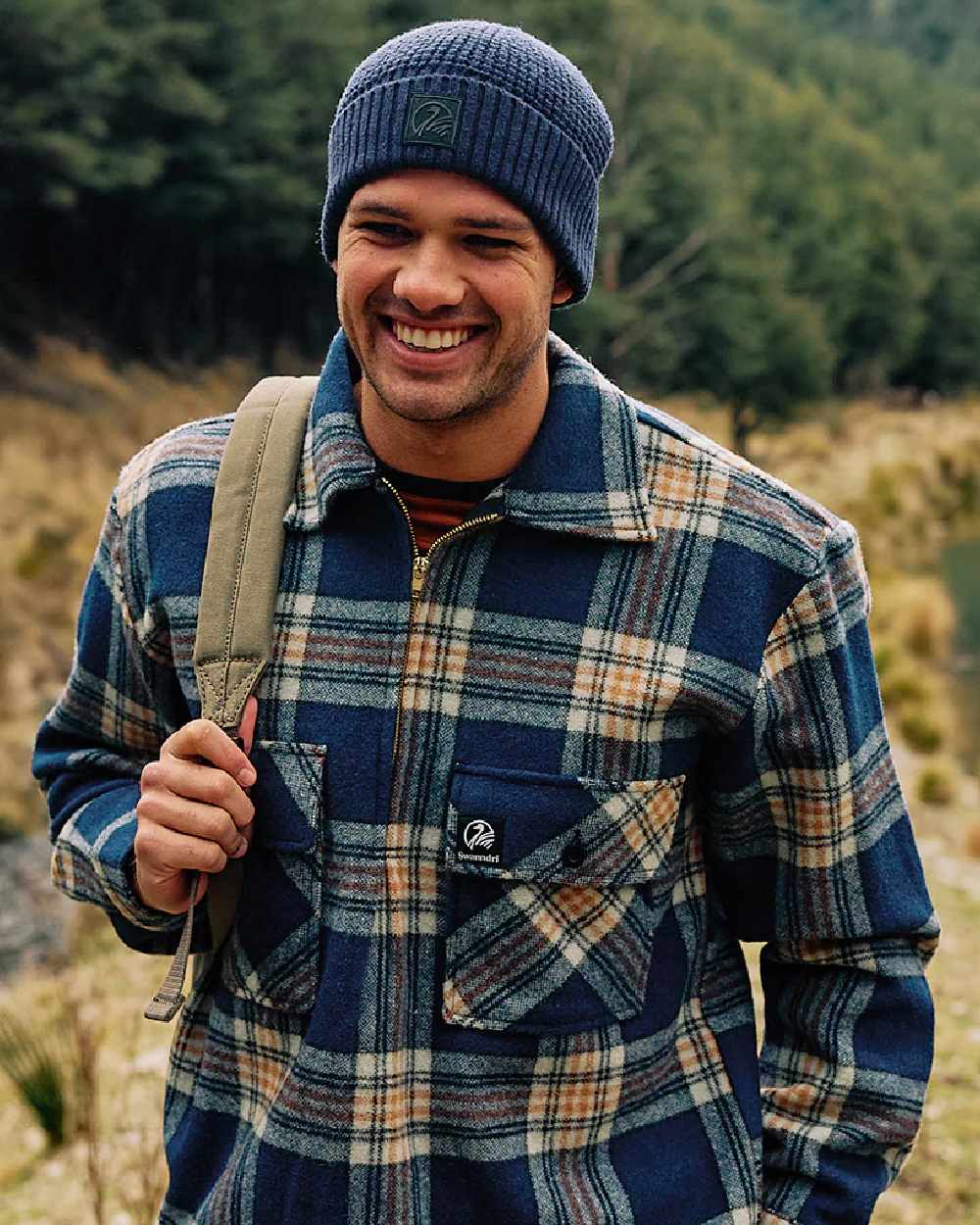 Atlantic Check Coloured Swanndri Mens Ranger Wool Zip Front Bushshirt on outdoor background