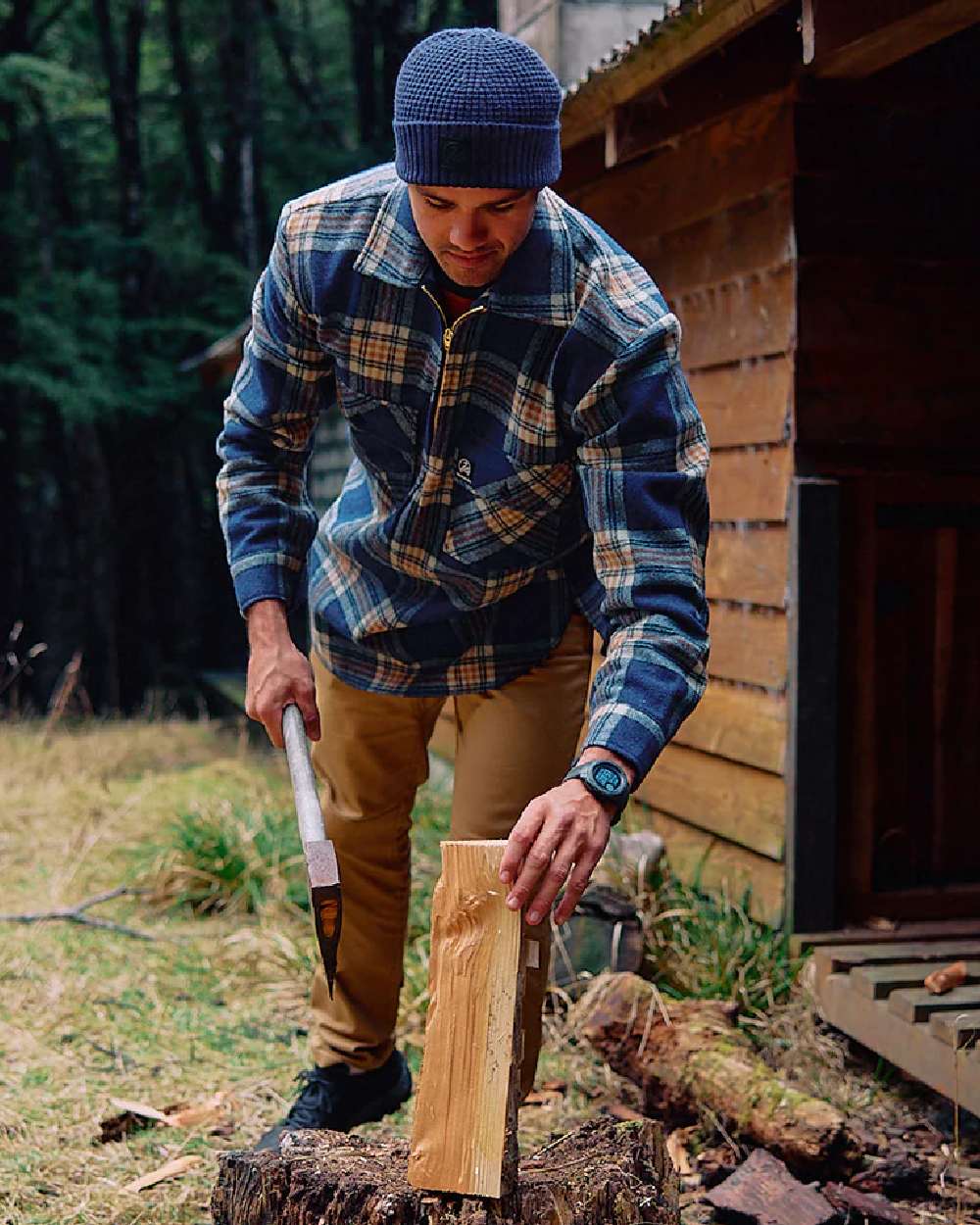 Atlantic Check Coloured Swanndri Mens Ranger Wool Zip Front Bushshirt on outdoor background