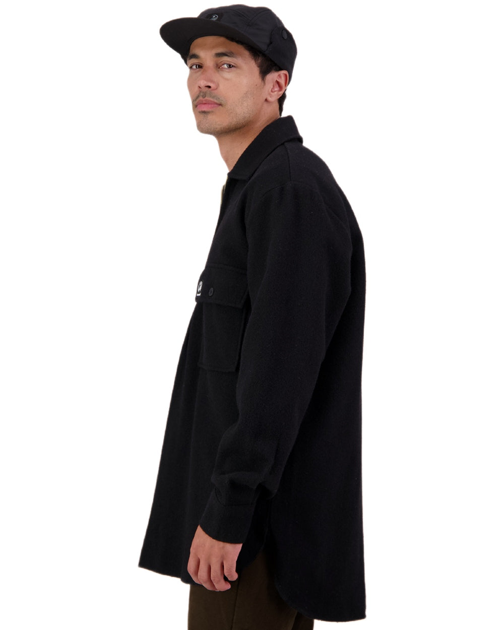 Black Coloured Swanndri Mens Ranger Wool Zip Front Bushshirt on white background