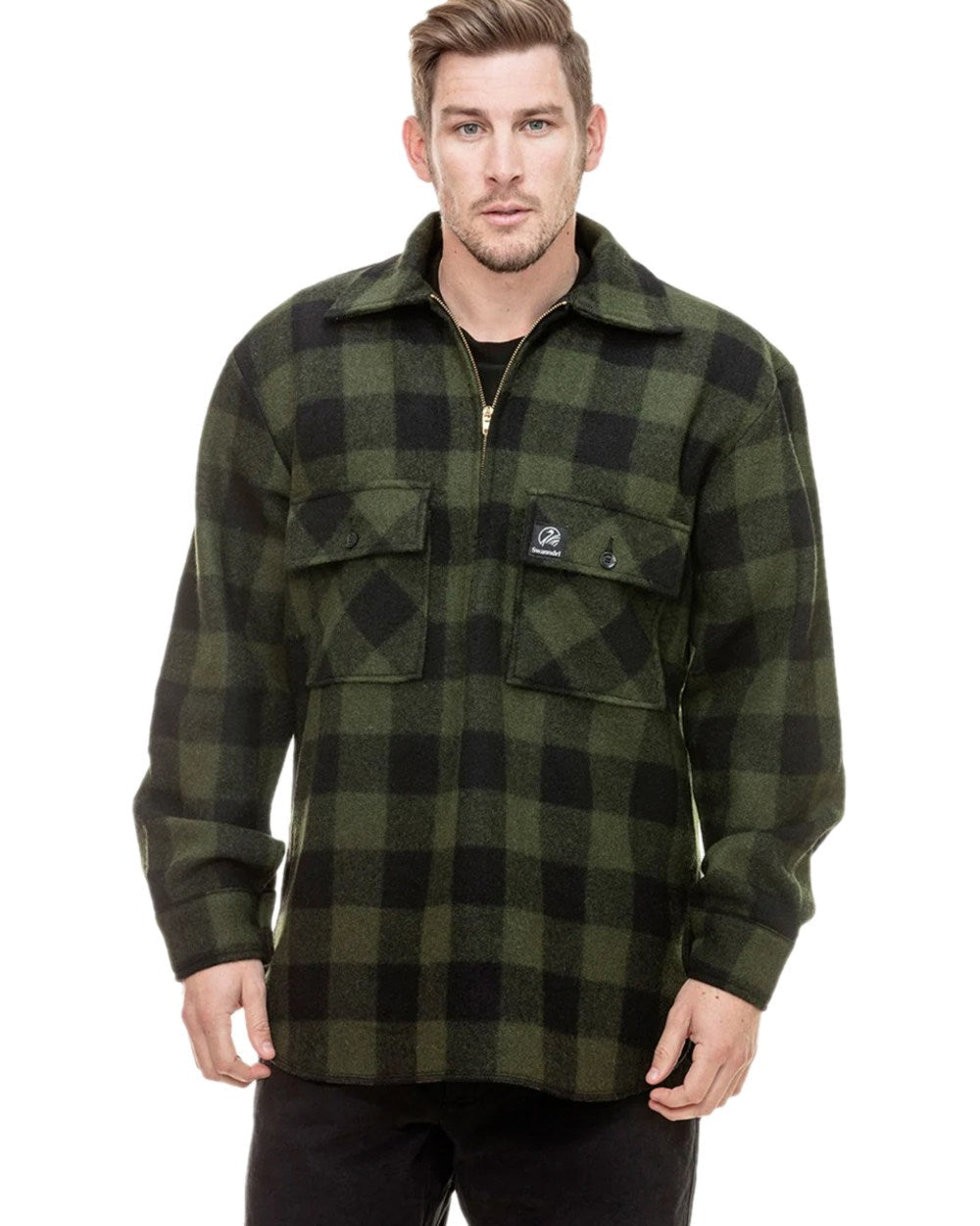 Olive Black Check Coloured Swanndri Mens Ranger Wool Zip Front Bushshirt on white background