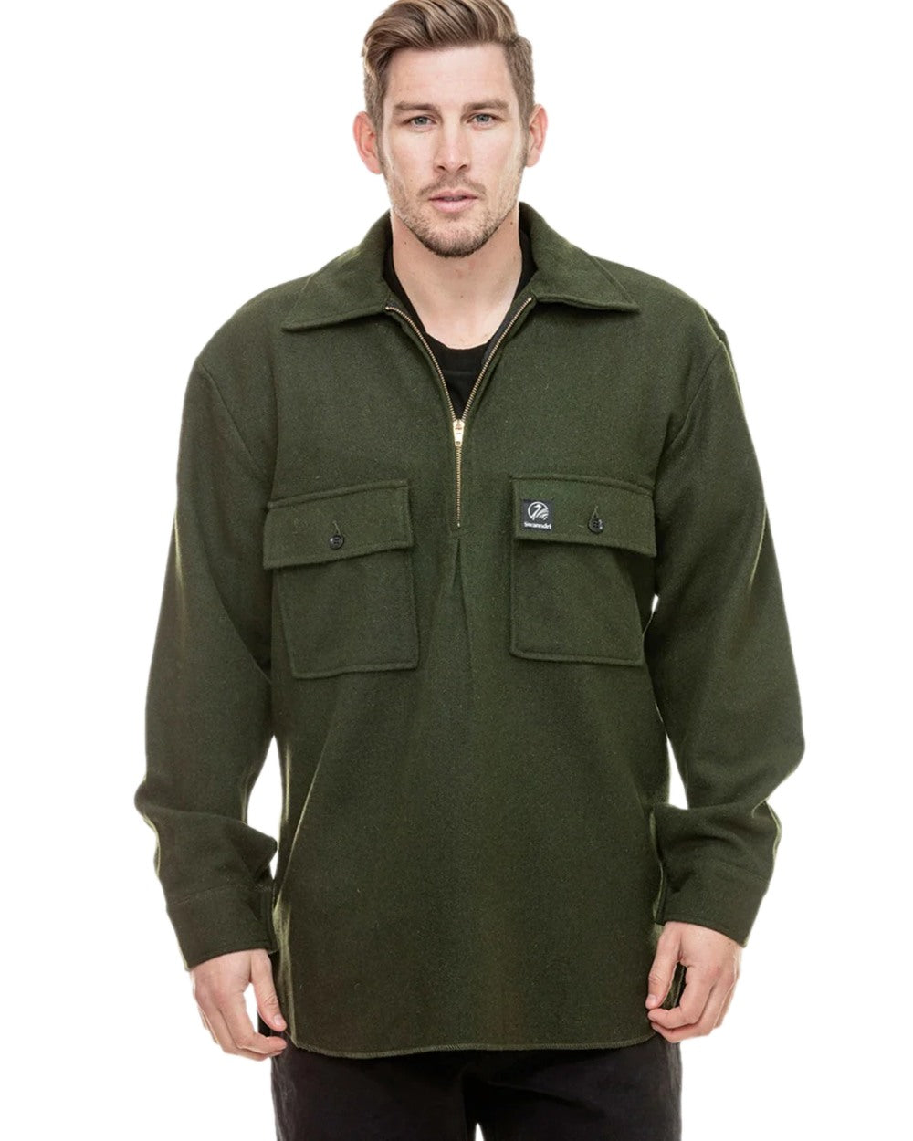 Olive Coloured Swanndri Mens Ranger Wool Zip Front Bushshirt on white background