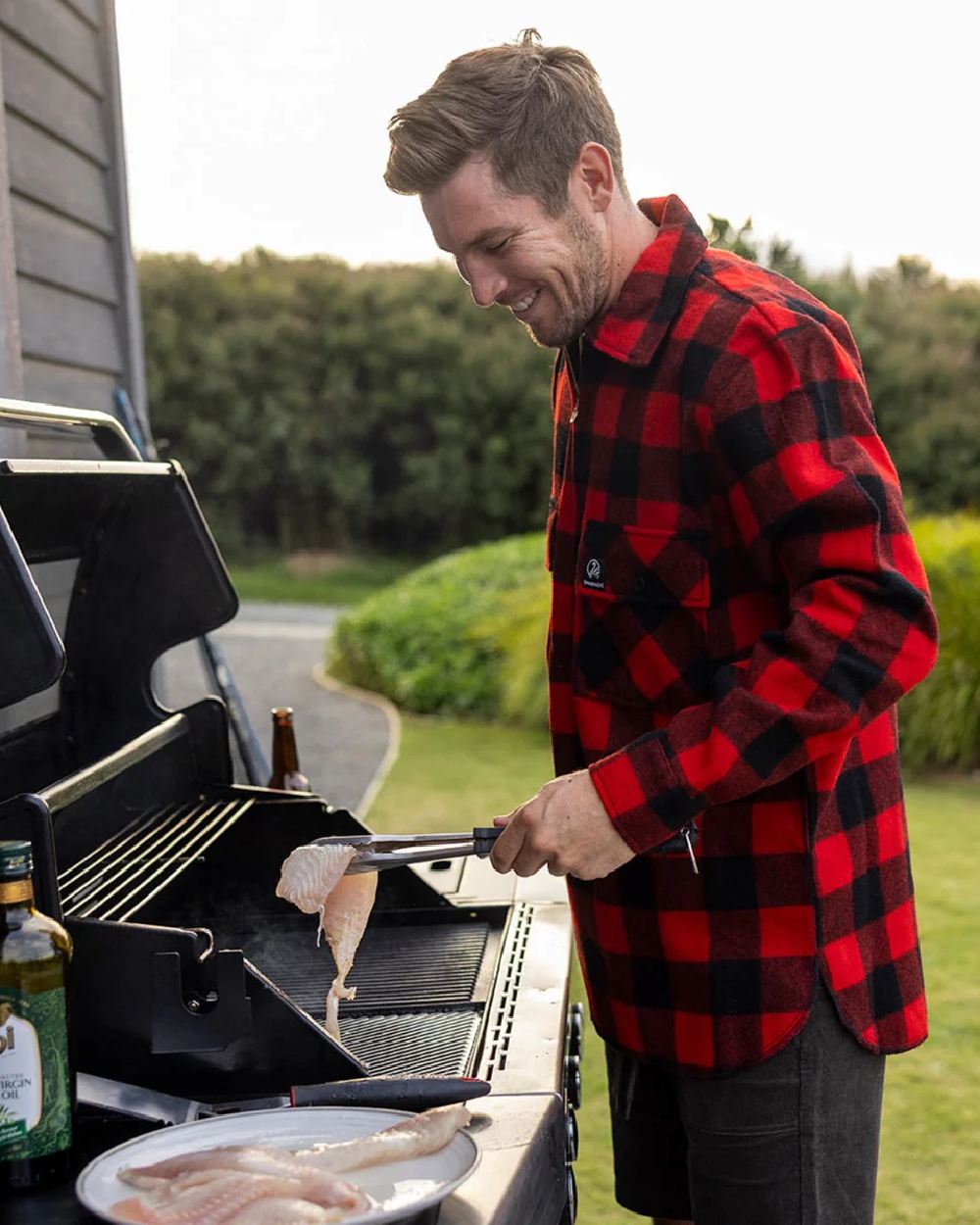 Red Black Check Coloured Swanndri Mens Ranger Wool Zip Front Bushshirt on forest background