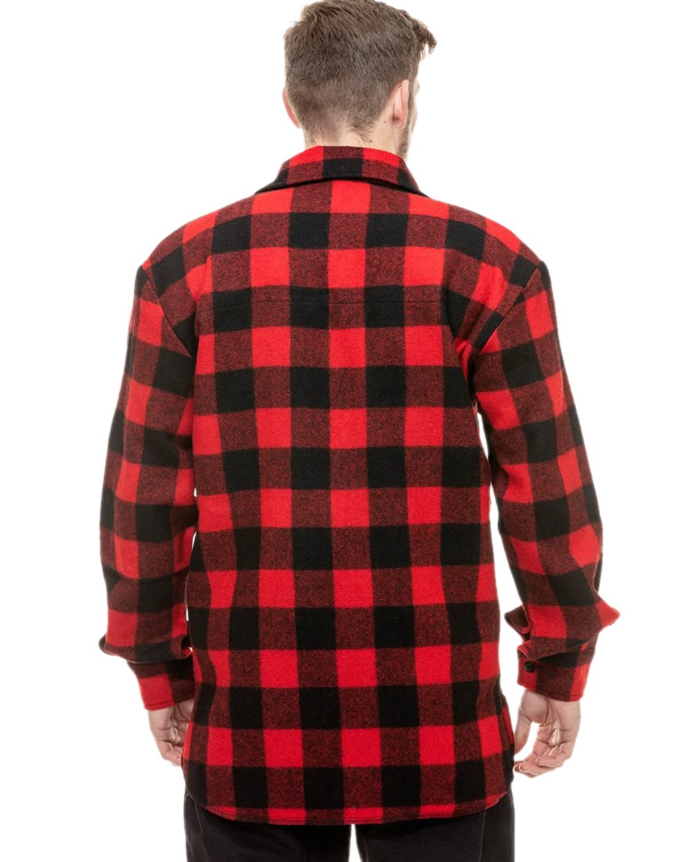 Red Black Check Coloured Swanndri Mens Ranger Wool Zip Front Bushshirt on white background