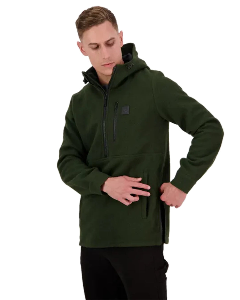 Olive Coloured Swanndri Mens Reidston Wool Anorak on white background