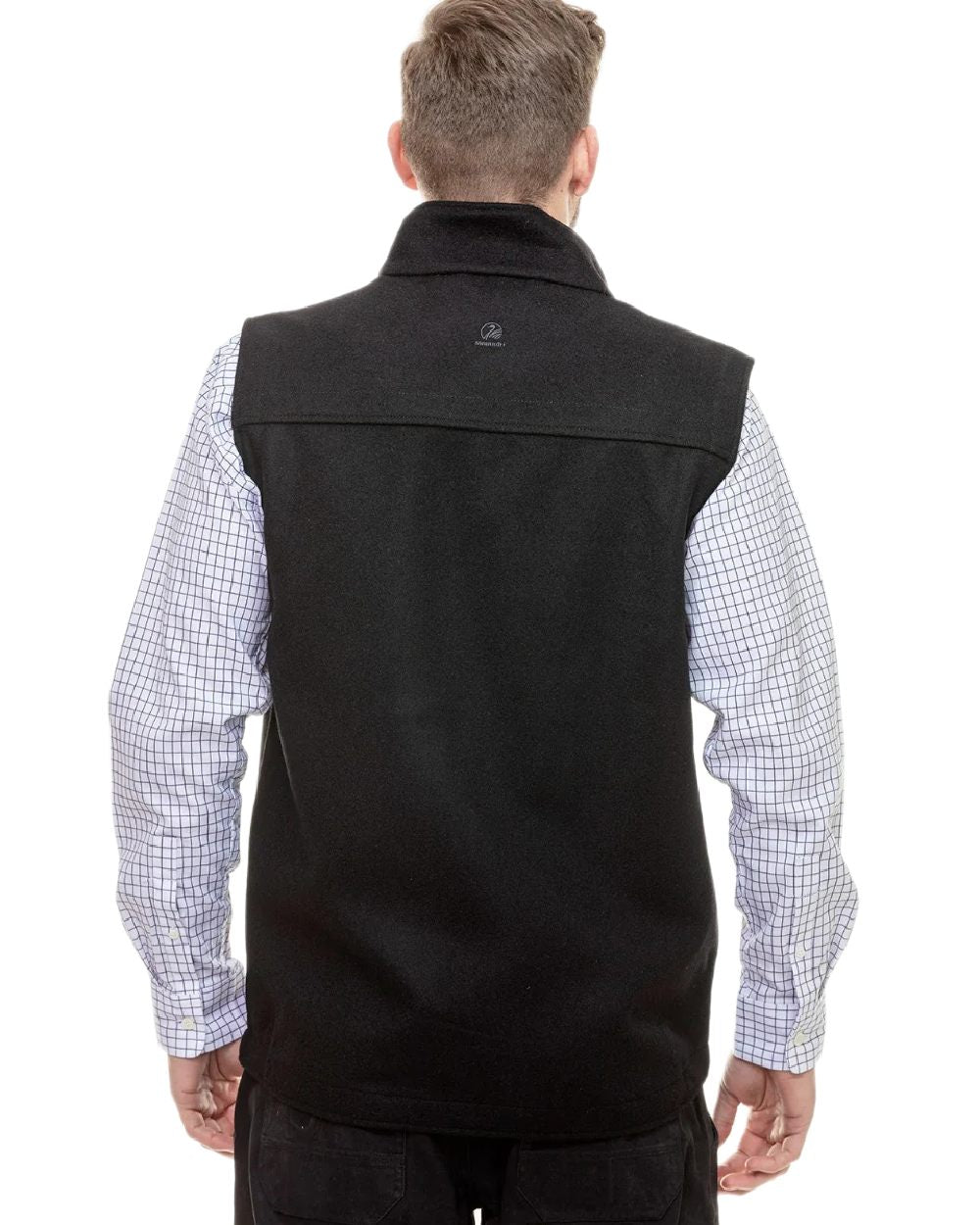Black Coloured Swanndri Mens Saddleback Wool Vest on white background