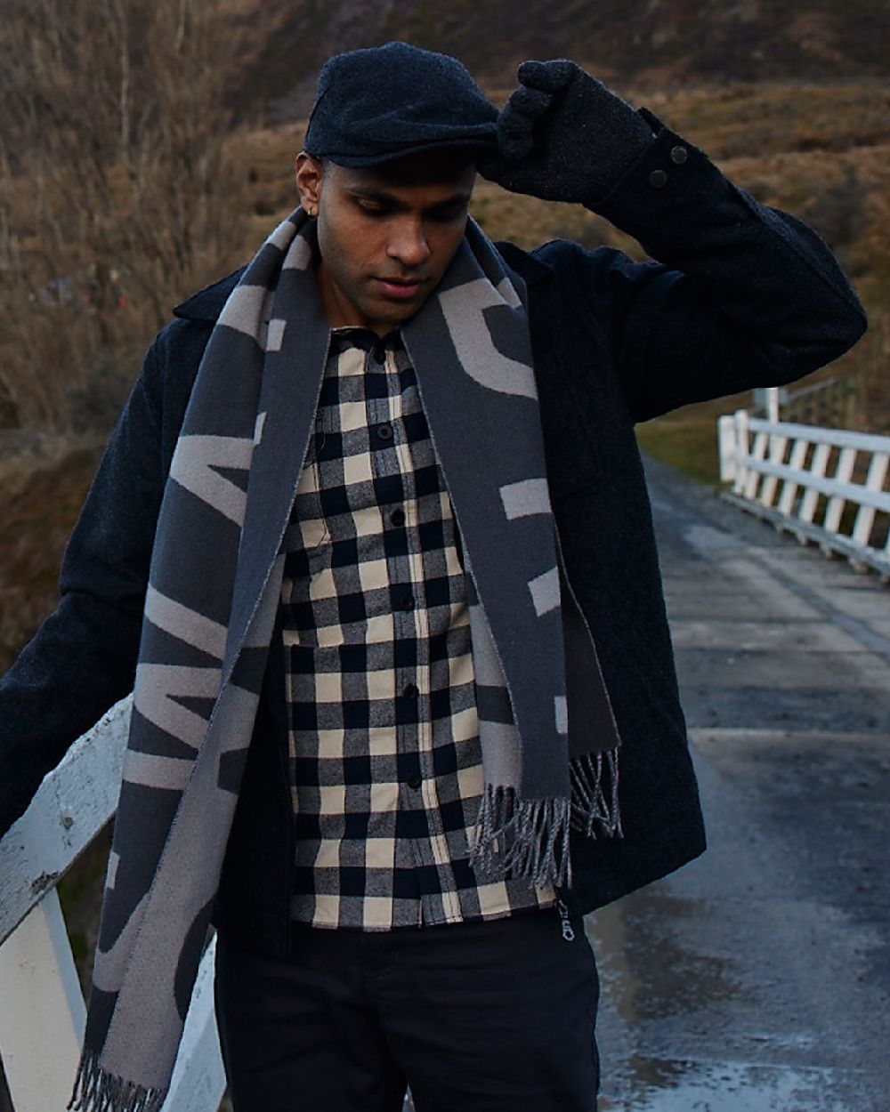 Navy Sandshell Coloured Swanndri Mens Taranaki Tailor Long Sleeve Shirt on outdoor background