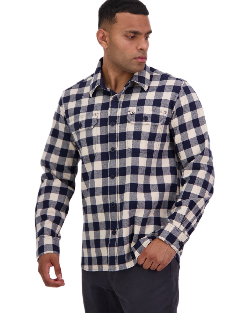 Navy Sandshell Coloured Swanndri Mens Taranaki Tailor Long Sleeve Shirt on white background