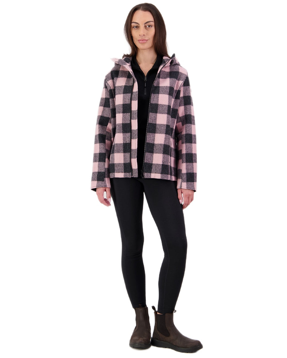 Pink Salt Charcoal Coloured Swanndri Womens Seattle V2 Wool Hooded Sweater on white background