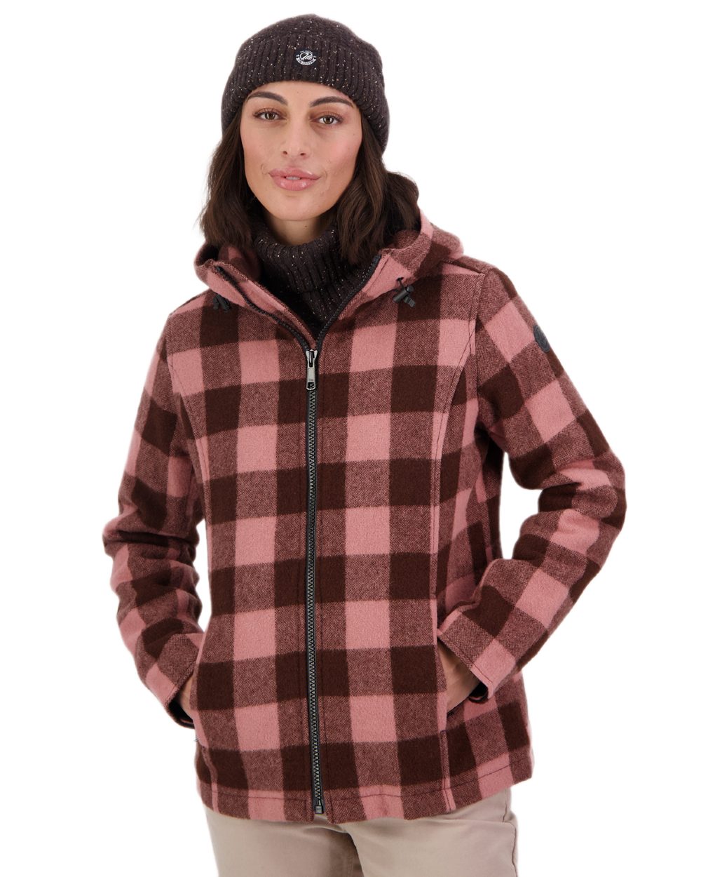 Rose Coffee Check Coloured Swanndri Womens Seattle V2 Wool Hooded Sweater on white background