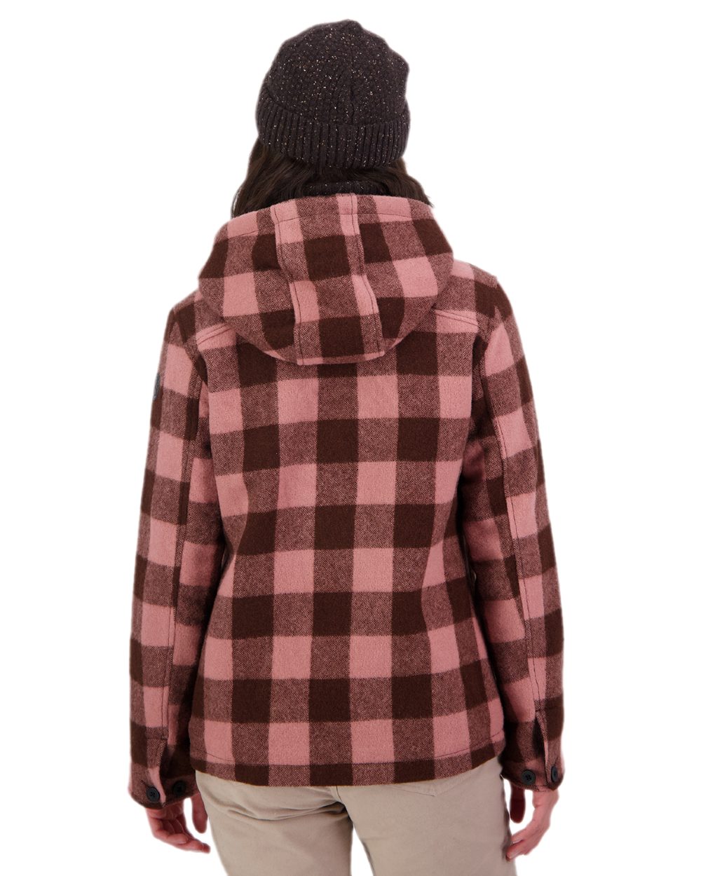 Rose Coffee Check Coloured Swanndri Womens Seattle V2 Wool Hooded Sweater on white background