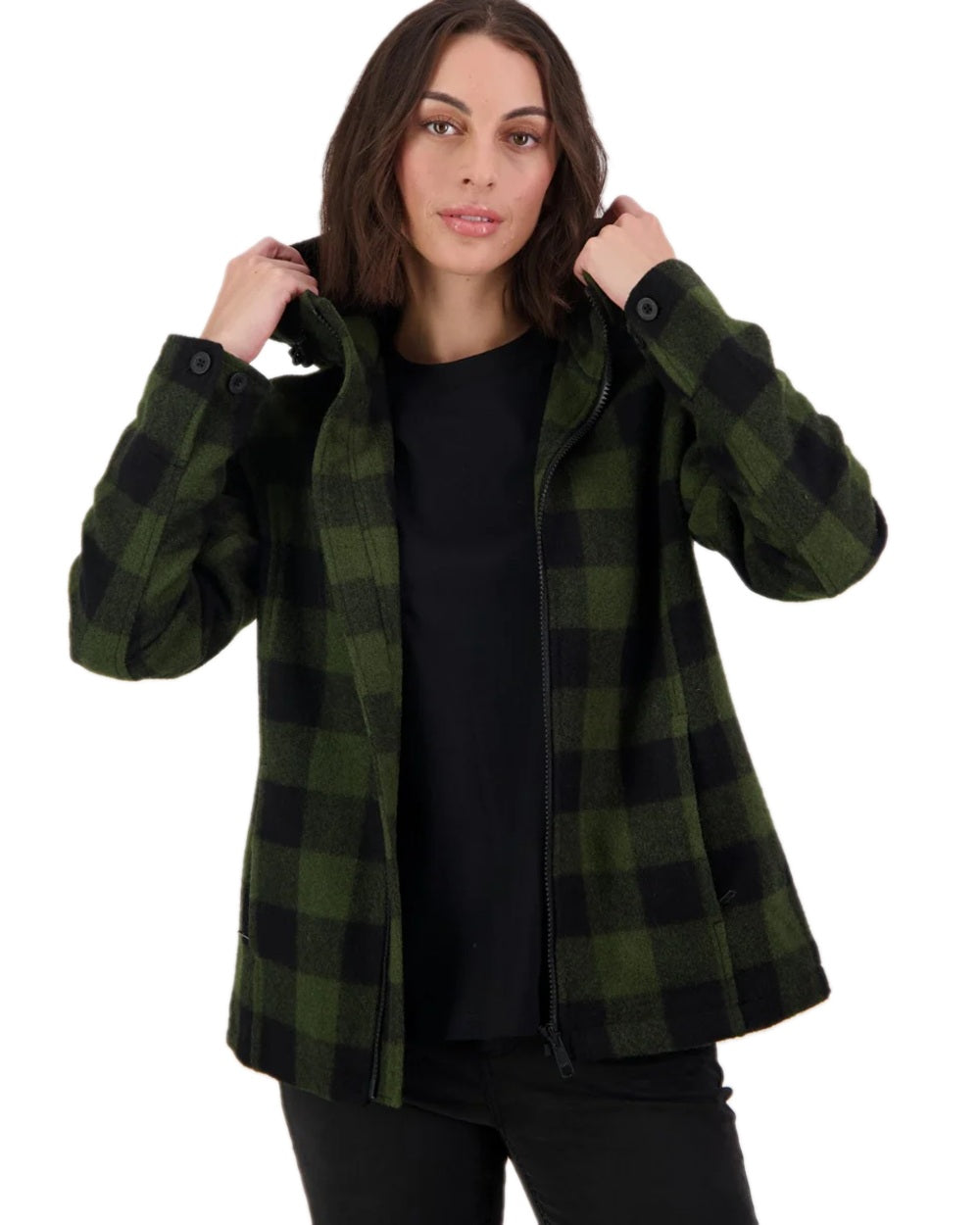 Olive Black Check Coloured Swanndri Womens Seattle V2 Wool Hoodie on white background