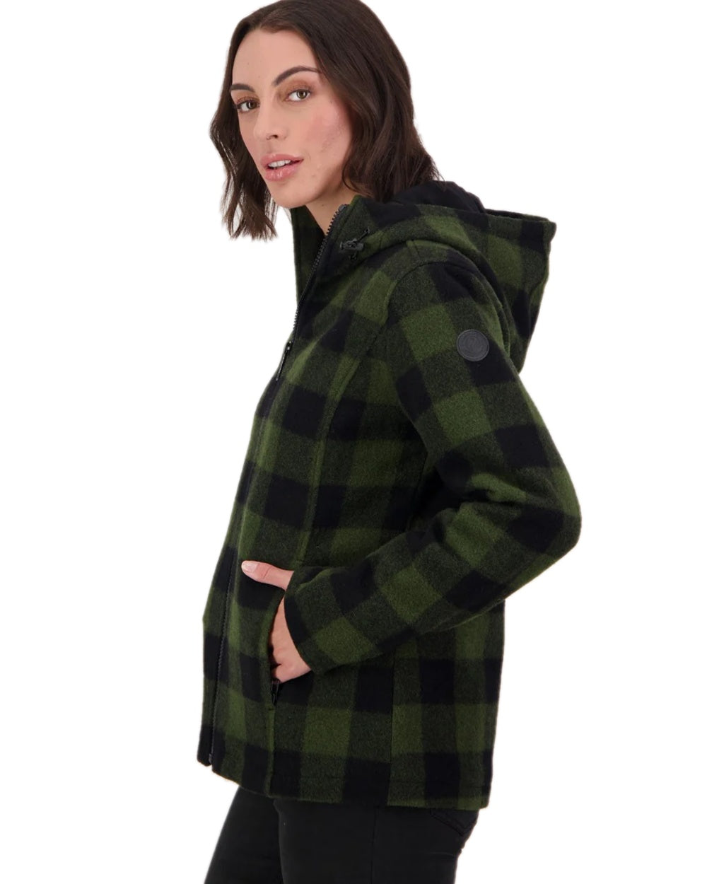 Olive Black Check Coloured Swanndri Womens Seattle V2 Wool Hoodie on white background