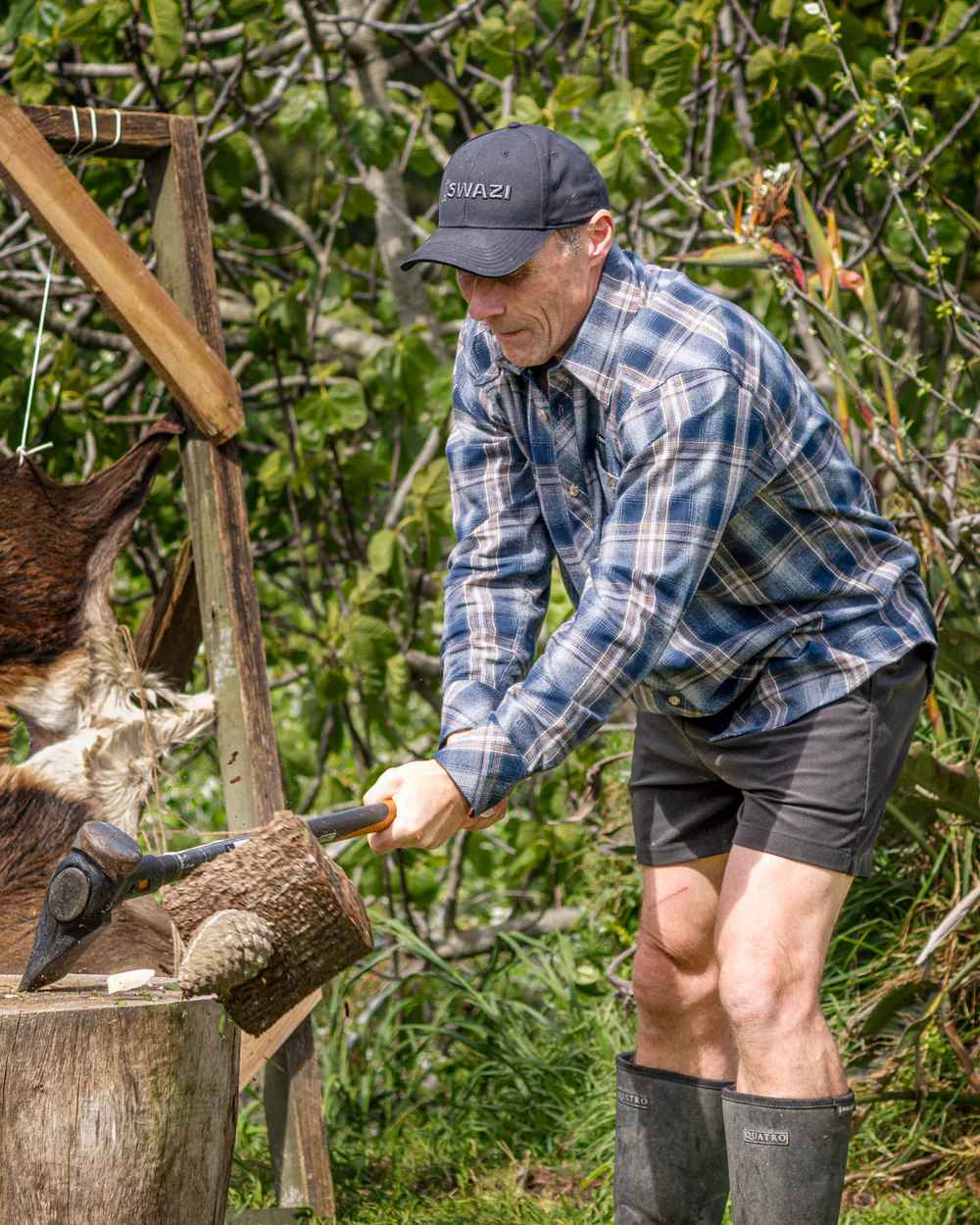 Navy coloured Swazi Grafter Shirt with trees in background